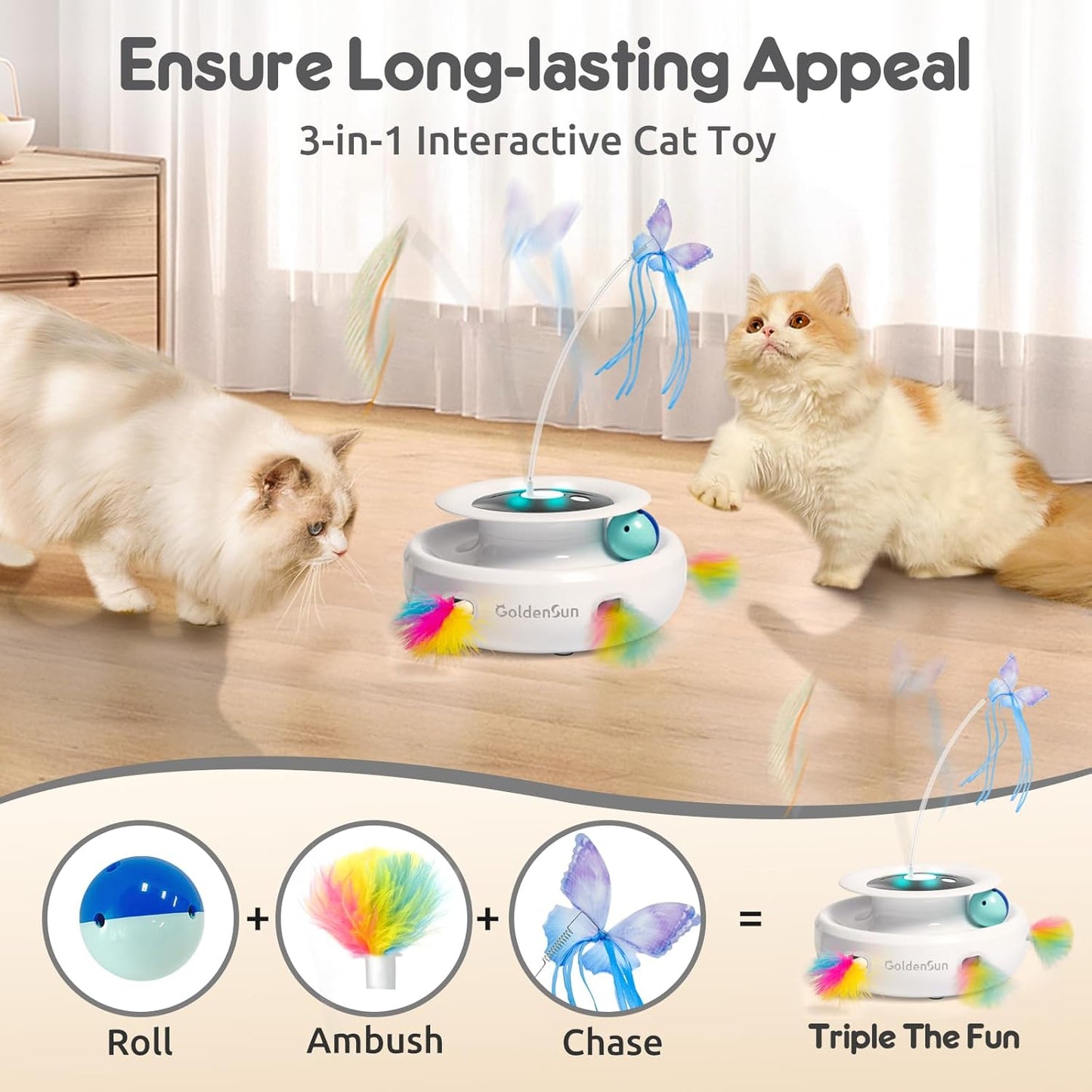 GoldenSun 3-in-1 Interactive Cat Toys for Indoor Cats 2000mAh Type-C Rechargeable Power Balls & Handmade Butterfly Cat Feather Toy Auto On/Off, Cat Teaser with 6 Attachments, Bright White