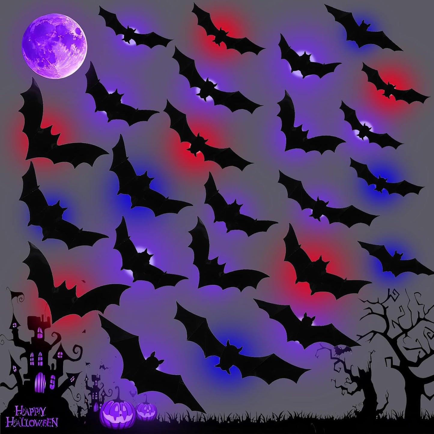 24PCS LED Halloween Bats Decorations, 3D Luminous Wall Stickers Bat Decorations with LED Lights PVC Bats Halloween Wall Decor for Indoor Window Door Wall DIY Party Supplies (Purple)