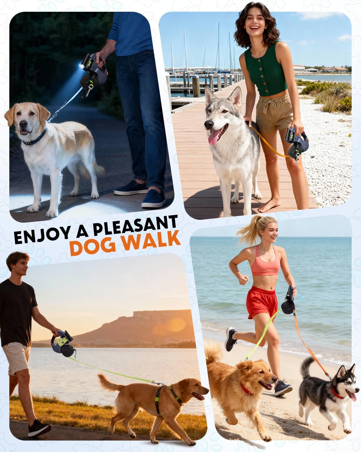 3M Dual Retractable Dog Leash for Two Dogs – Tangle-Free, LED Light, One-Click Lock & Built-in Poop Bag Holder