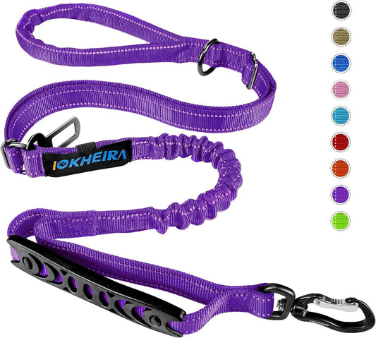 Purple dog leash with carabiner and KHEIRA branding on a white background