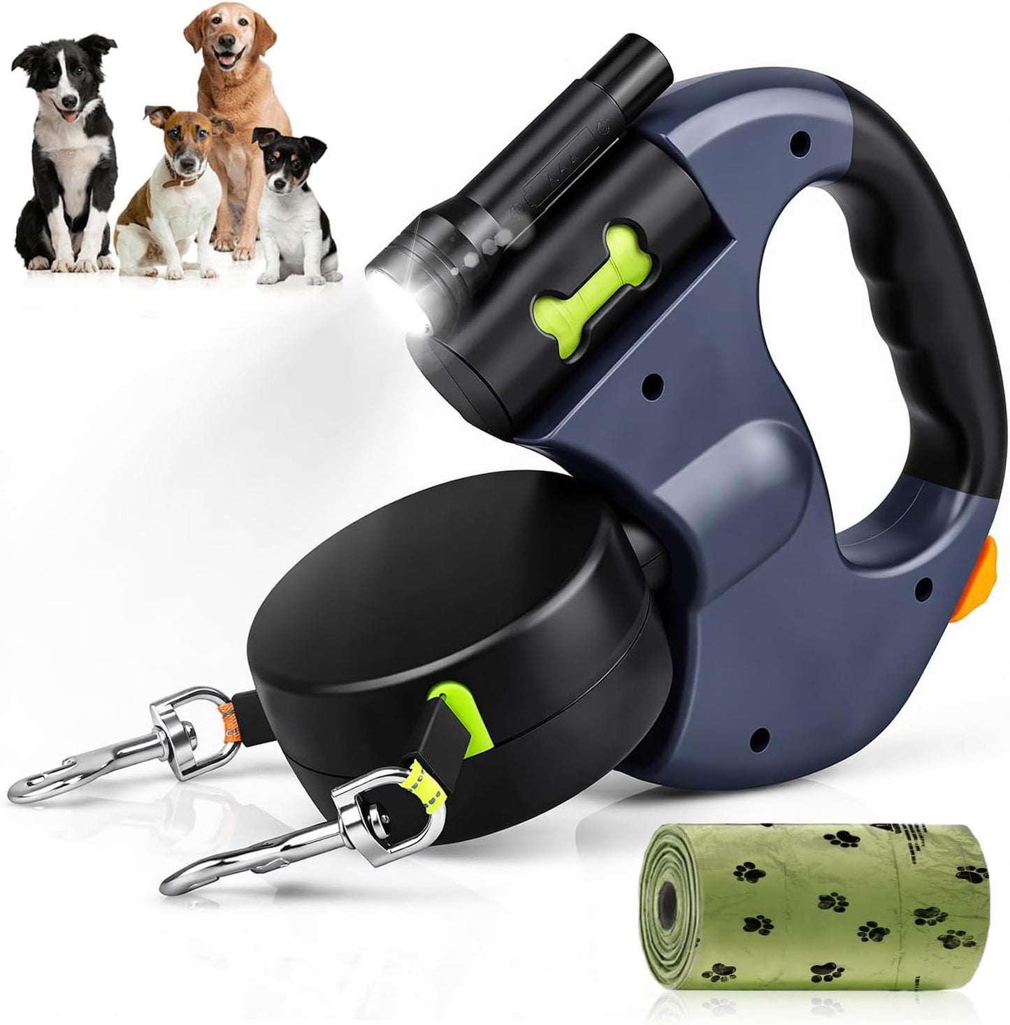 3M Dual Retractable Dog Leash for Two Dogs – Tangle-Free, LED Light, One-Click Lock & Built-in Poop Bag Holder