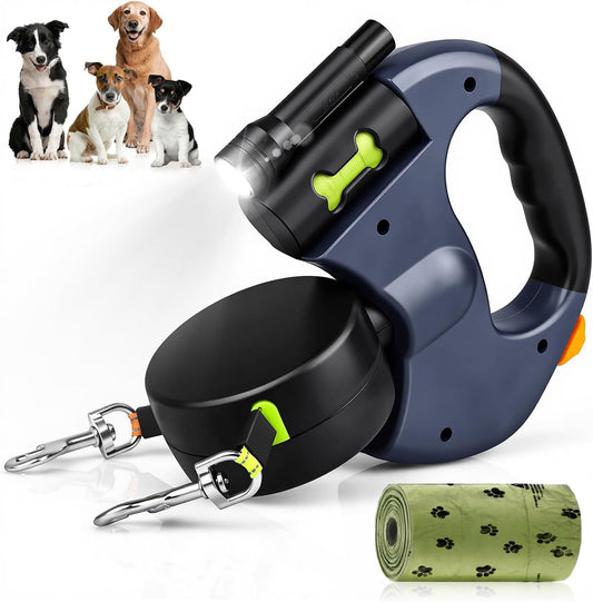 3M Dual Retractable Dog Leash for Two Dogs – Tangle-Free, LED Light, One-Click Lock & Built-in Poop Bag Holder