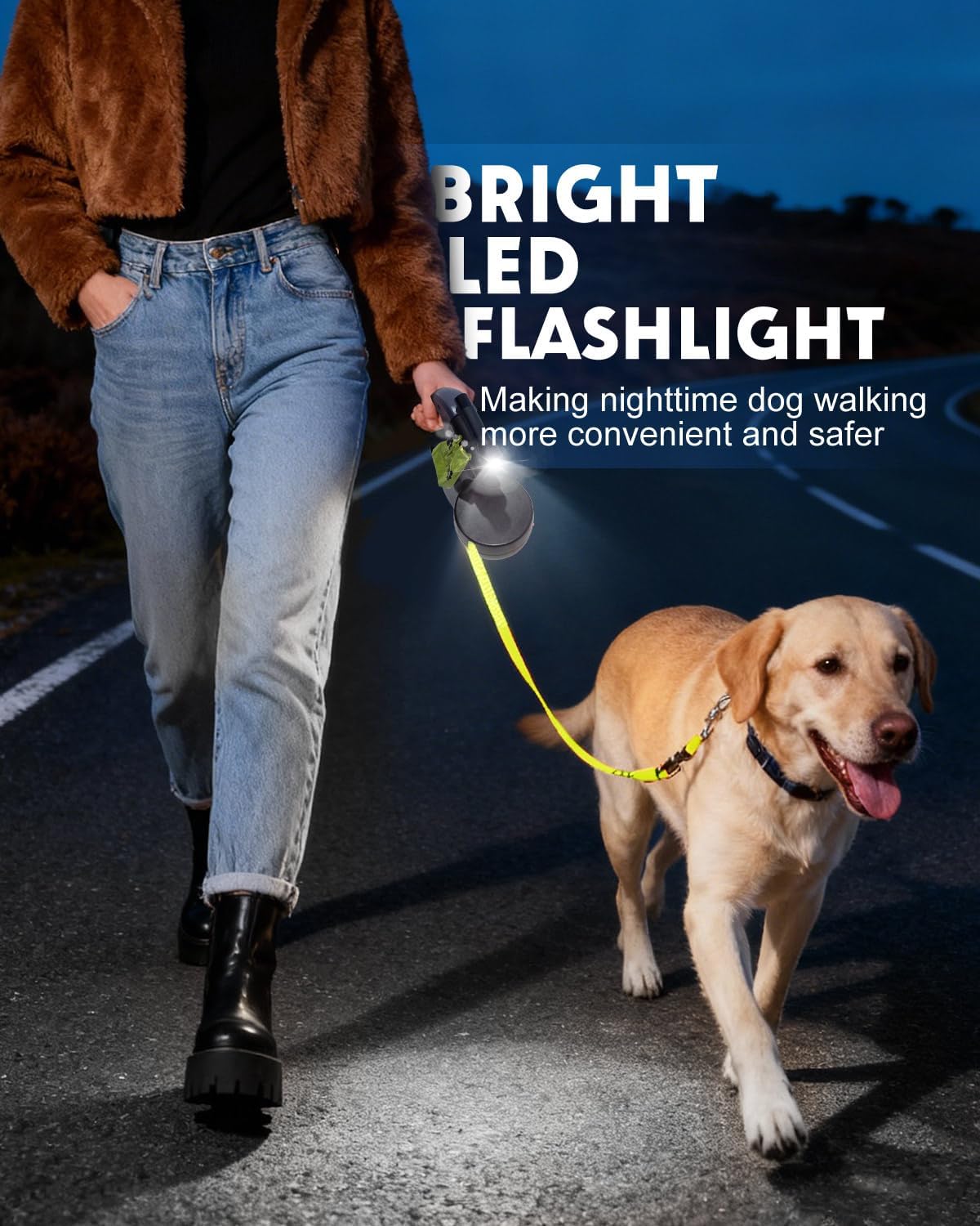 3M Dual Retractable Dog Leash for Two Dogs – Tangle-Free, LED Light, One-Click Lock & Built-in Poop Bag Holder