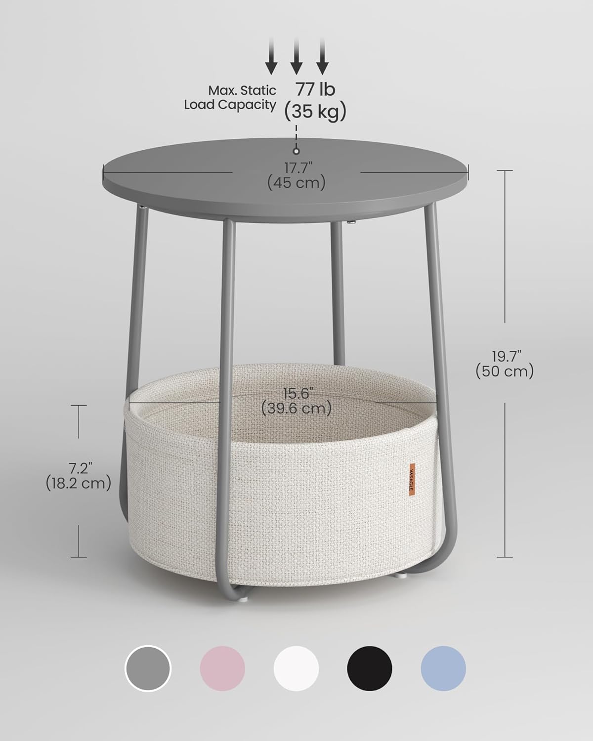 VASAGLE Side Table, Round End Table with Fabric Basket, Spacious, for Living Room Bedroom, Bedside Table, Modern Style, White and Beige LET223W10