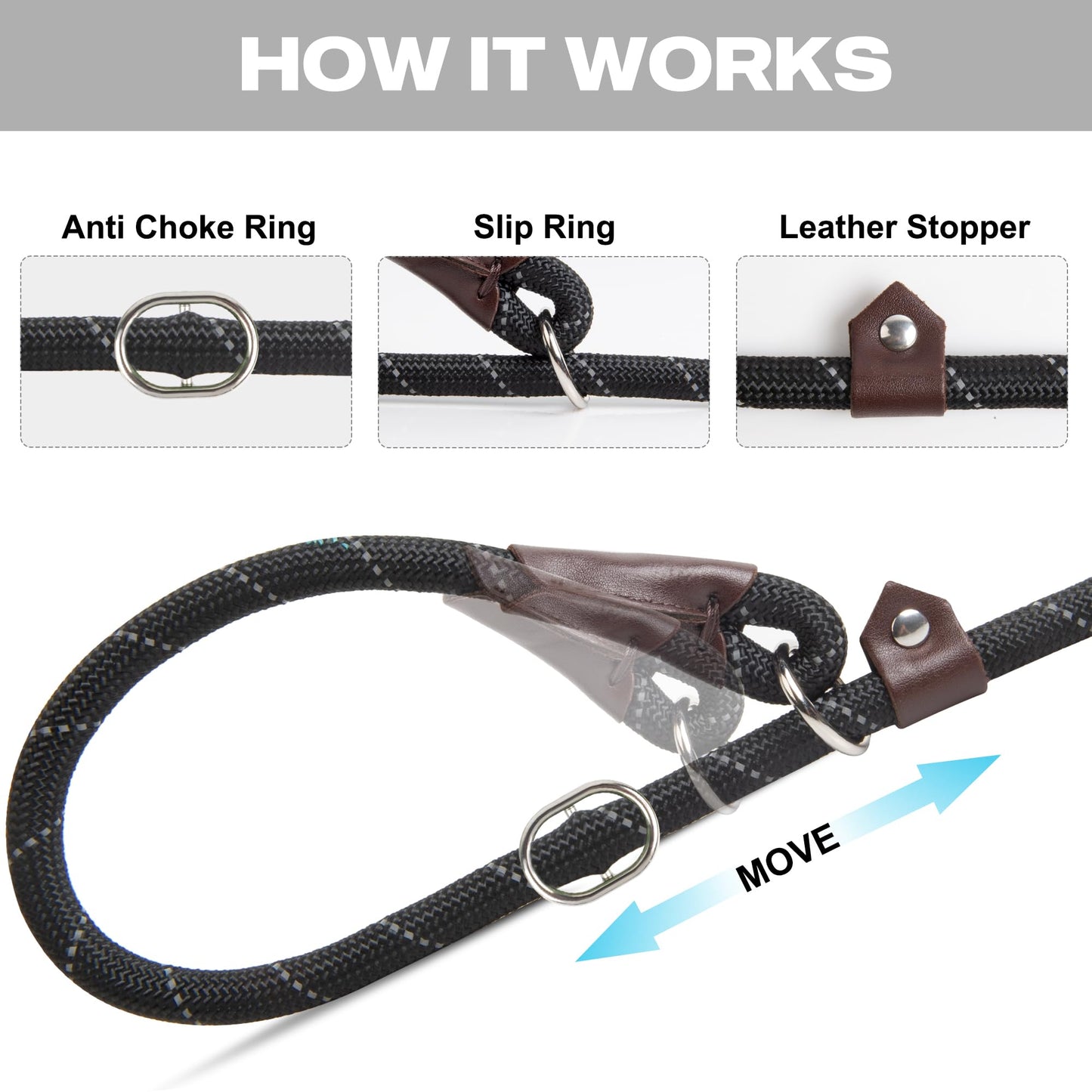 Fida Durable Weather Resistant Climbers Rope Slip Lead (1.8m, Black) with Reflective Stitching. Perfect for Training, Large, Medium and Small Dogs