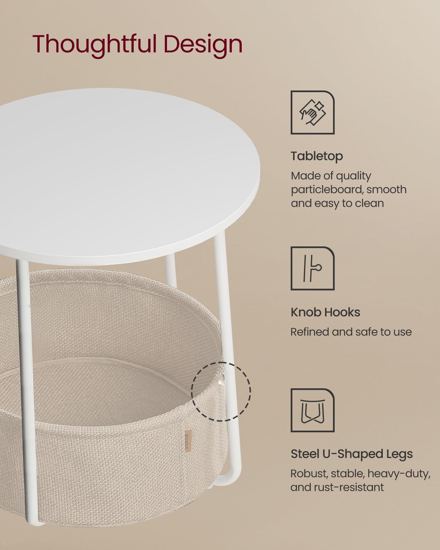 VASAGLE Side Table, Round End Table with Fabric Basket, Spacious, for Living Room Bedroom, Bedside Table, Modern Style, White and Beige LET223W10