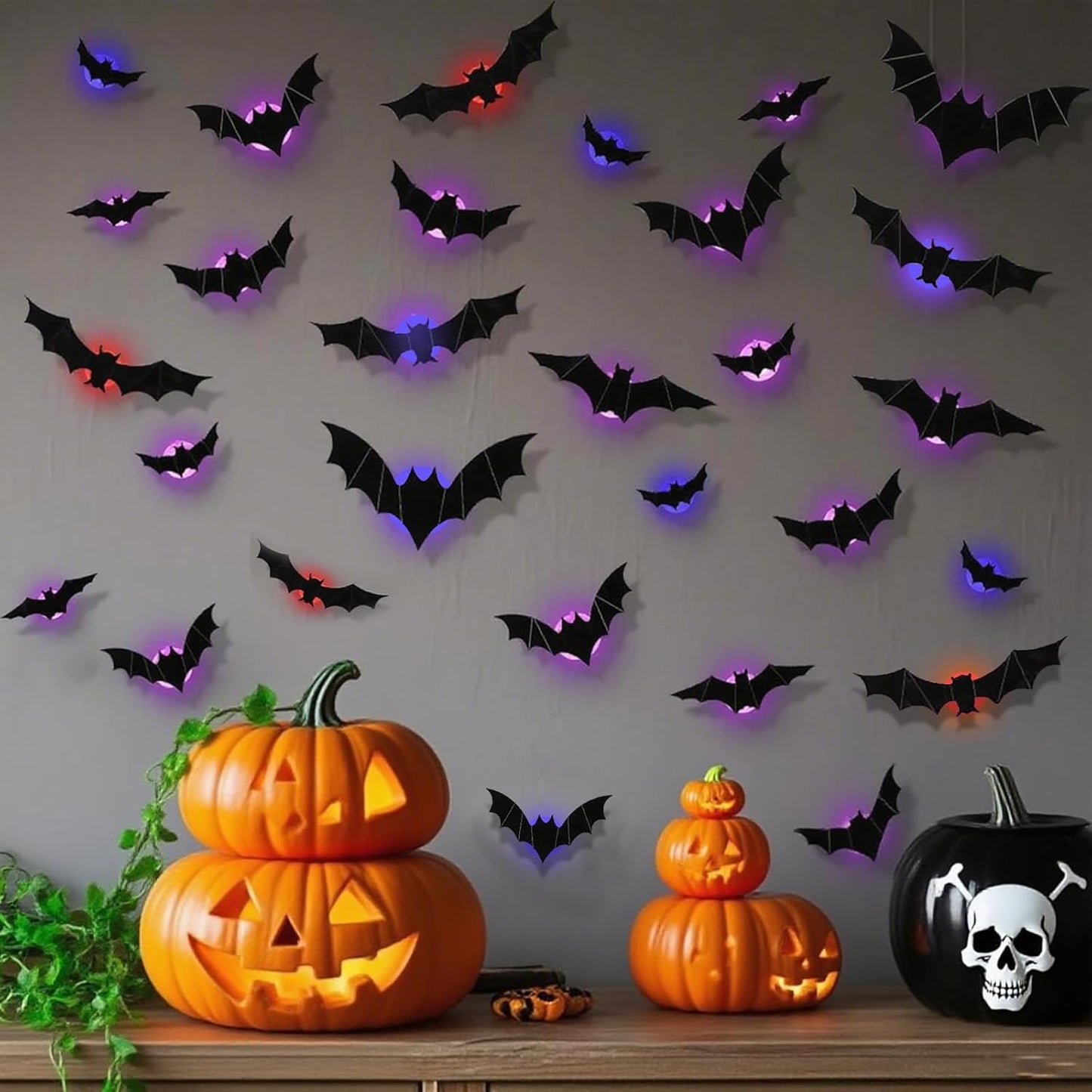 24PCS LED Halloween Bats Decorations, 3D Luminous Wall Stickers Bat Decorations with LED Lights PVC Bats Halloween Wall Decor for Indoor Window Door Wall DIY Party Supplies (Purple)