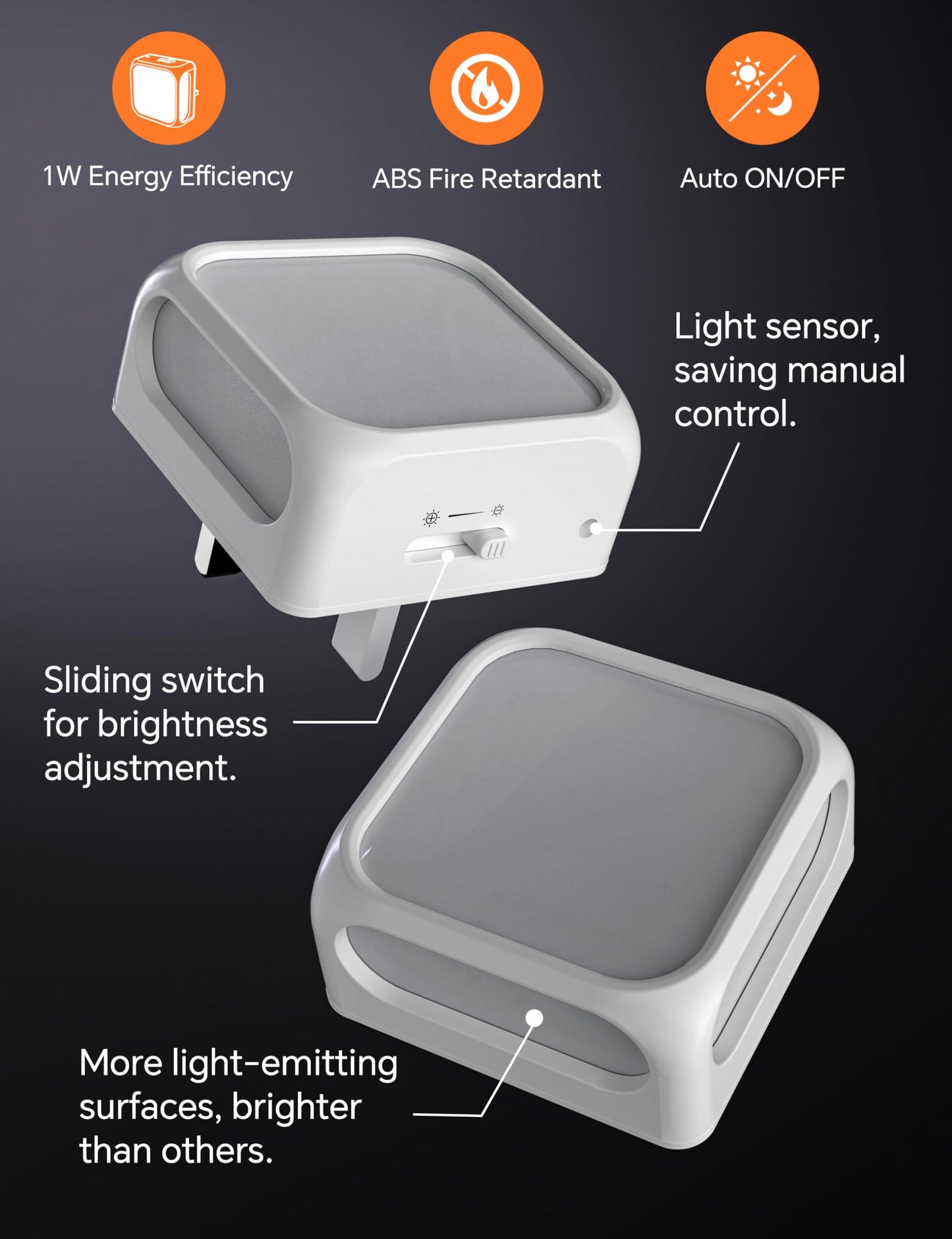 PURSNIC Night Light Plug in Wall, with Dusk to Dawn Photocell Sensor, 6000K Cool White, Brightness Adjustable, 1W LED Night Light for Kids, Bedroom, Hallway, Stairs, 2 Pack