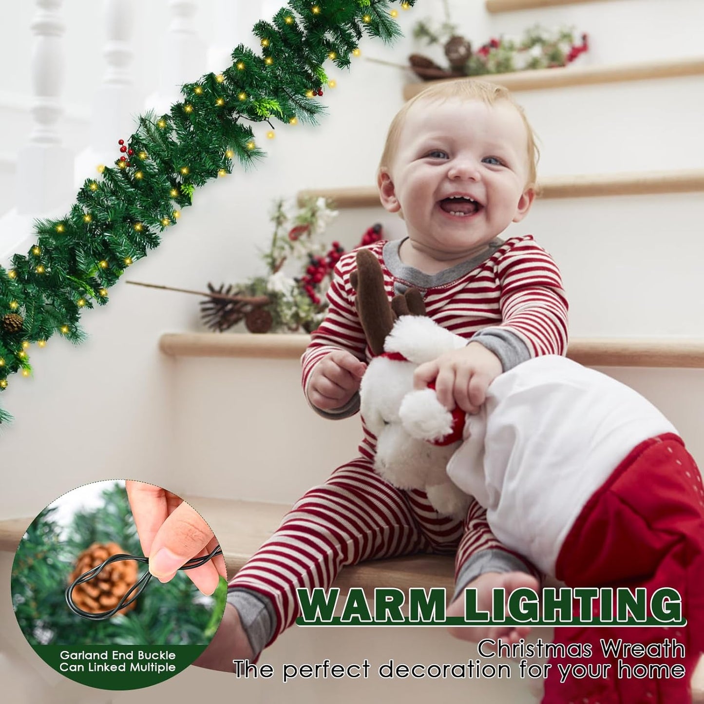 Christmas Garland with Lights, Christmas Garlands for Fireplace Stairs Artificial Wreath with 50 LED Lights and Bow Pine Cones Berries for Xmas Tree Front Door Home Holiday Decor