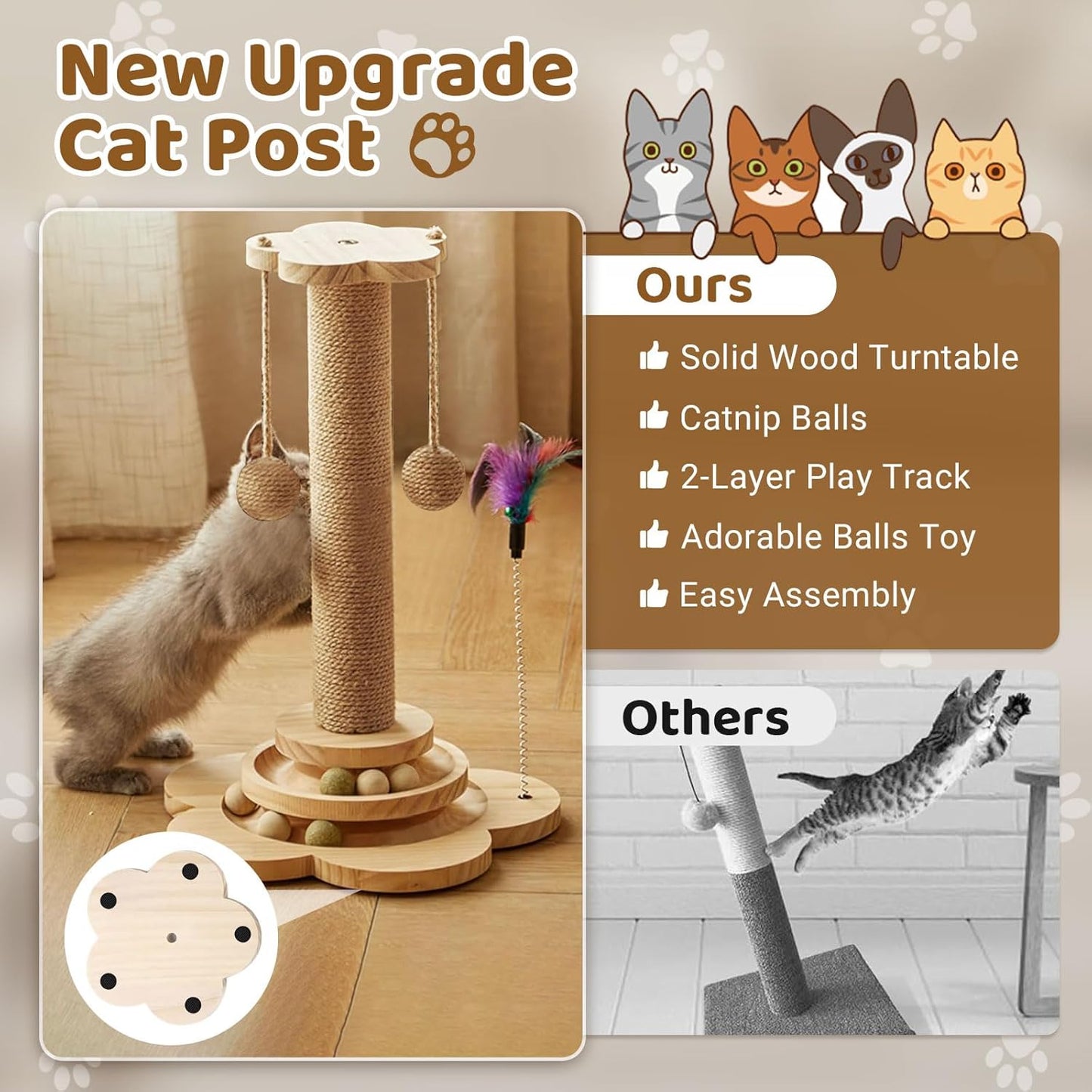 Cat Scratching Post with Natural Sisal - Sturdy Cat Scratcher for Indoor Smaller Cats, Kitten Toy with Scratching Posts, Play Platform & Toys, Easy Assembly, Space-Saving Design