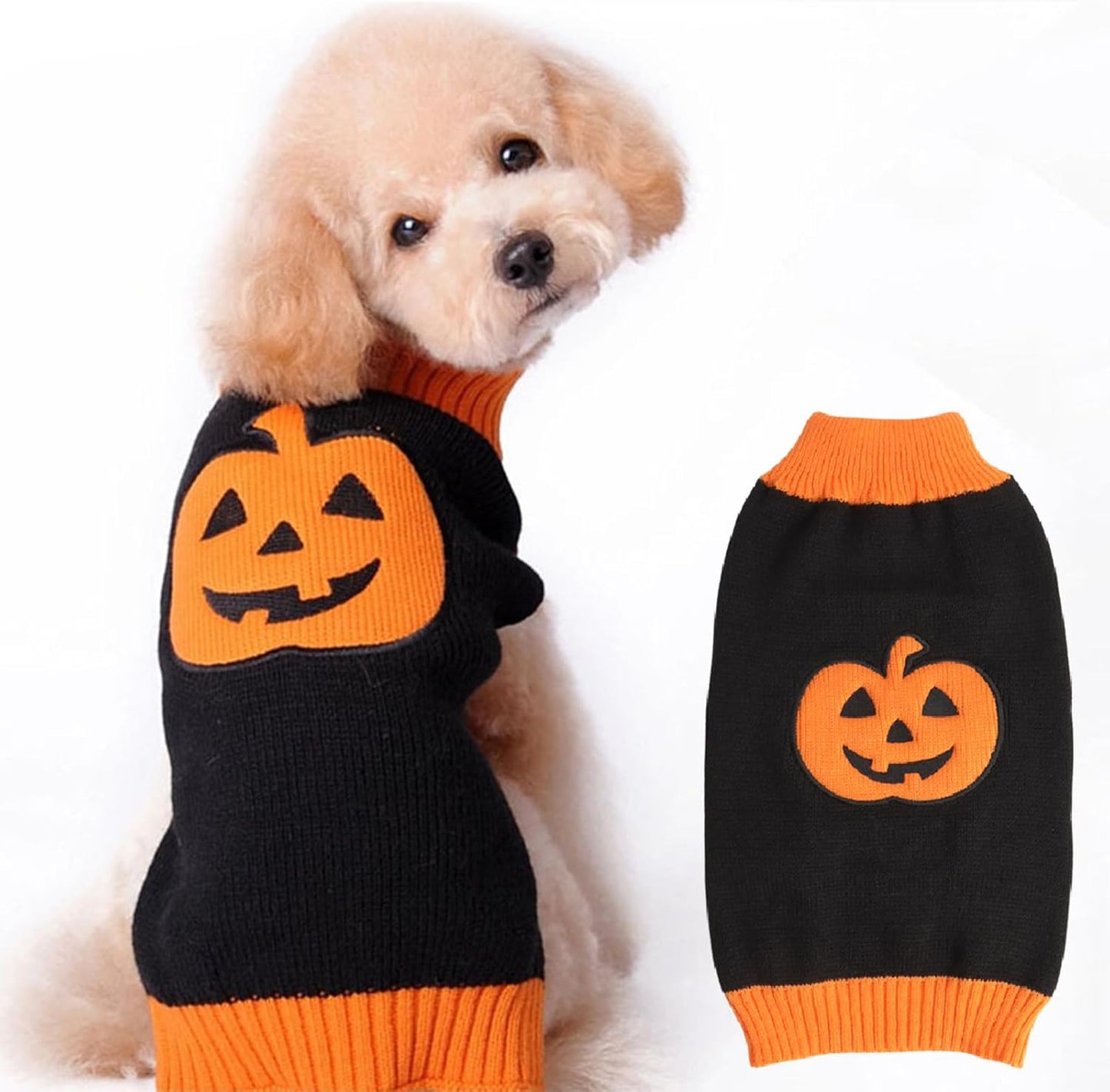Knitted Pumpkin Dog Costume - Halloween Jumper for Small, Medium & Large Dogs - Funny Party Outfit for Cats & Puppies - Black