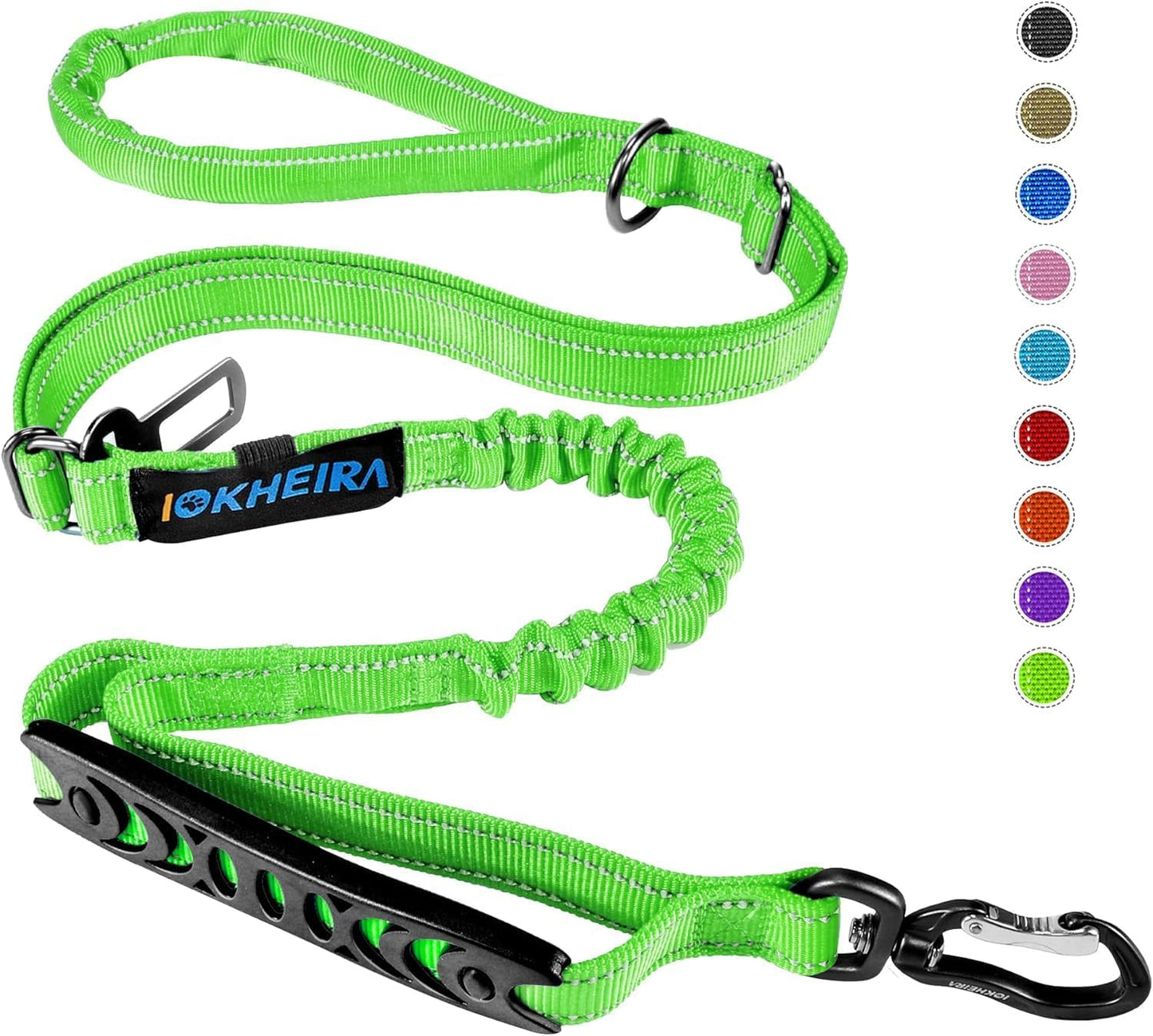 Iokheira 5FT Strong Dog Lead No Pull, Reflective Shock Absorbing Bungee Lead with Two Padded Handle & Car Seat Belt Buckle, Adjustable Dog Leash Heavy Duty for Small Medium Large Dogs (Purple)