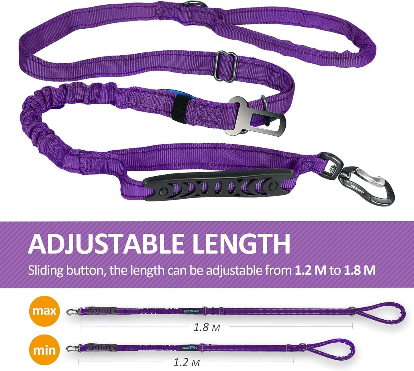 Iokheira 5FT Strong Dog Lead No Pull, Reflective Shock Absorbing Bungee Lead with Two Padded Handle & Car Seat Belt Buckle, Adjustable Dog Leash Heavy Duty for Small Medium Large Dogs (Purple)