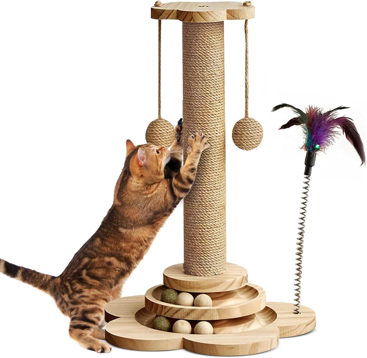 Cat Scratching Post with Natural Sisal - Sturdy Cat Scratcher for Indoor Smaller Cats, Kitten Toy with Scratching Posts, Play Platform & Toys, Easy Assembly, Space-Saving Design