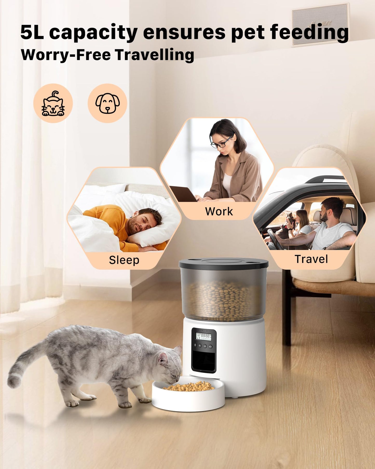 BEMOONY Automatic Cat Feeder – 5L Smart Pet Food Dispenser with Custom Feeding Schedule for Cats & Dogs