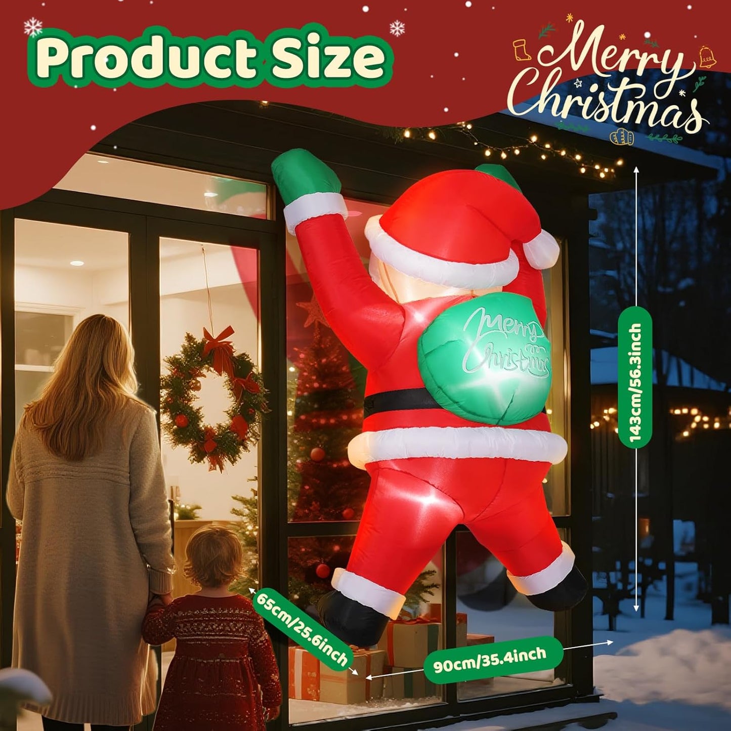Christmas Inflatable Decorations Climbing Santa Claus Inflatable, Built-in Bright LEDs, Hanging Blow up Window Yard Decoration, Outdoor Christmas Decoration for Roof Window Wall