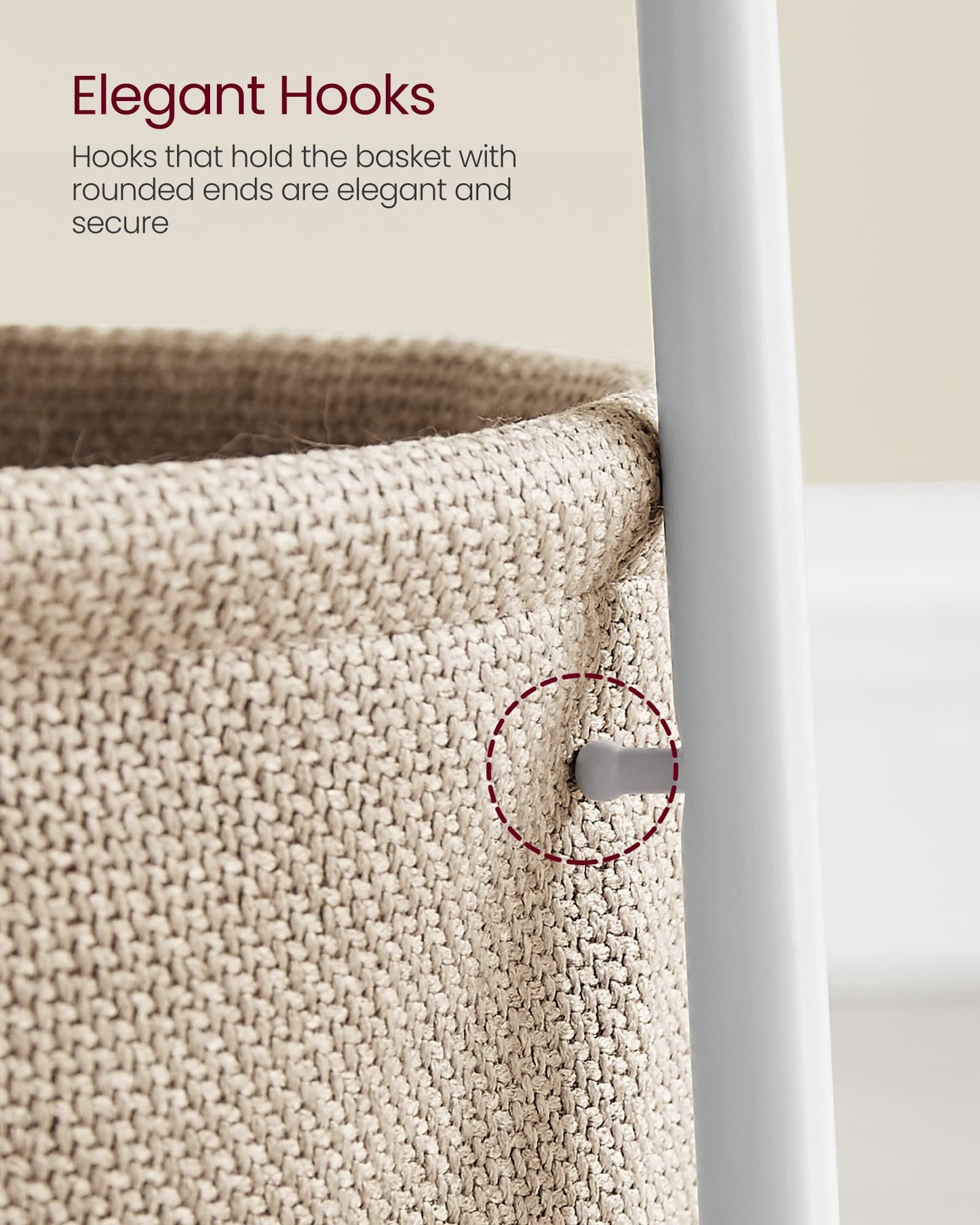 VASAGLE Side Table, Round End Table with Fabric Basket, Spacious, for Living Room Bedroom, Bedside Table, Modern Style, White and Beige LET223W10