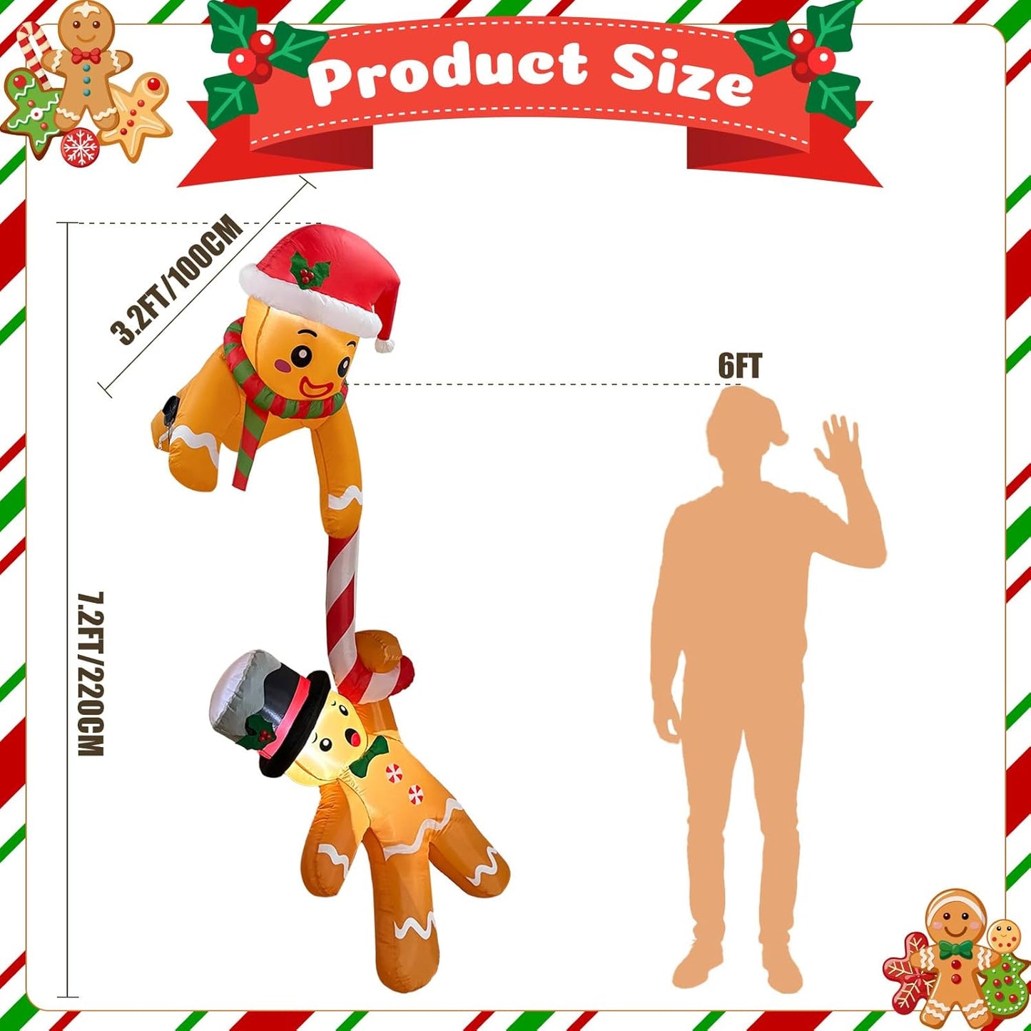 7 FT Christmas Inflatables Outdoor Decorations, Hanging Gingerbread Man Inflatable Christmas Decorations Hold Candy Cane, Blow Up Xmas Decorations for Roof Eaves Tree Decor