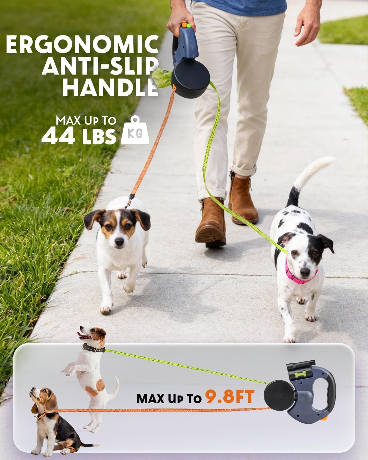 3M Dual Retractable Dog Leash for Two Dogs – Tangle-Free, LED Light, One-Click Lock & Built-in Poop Bag Holder