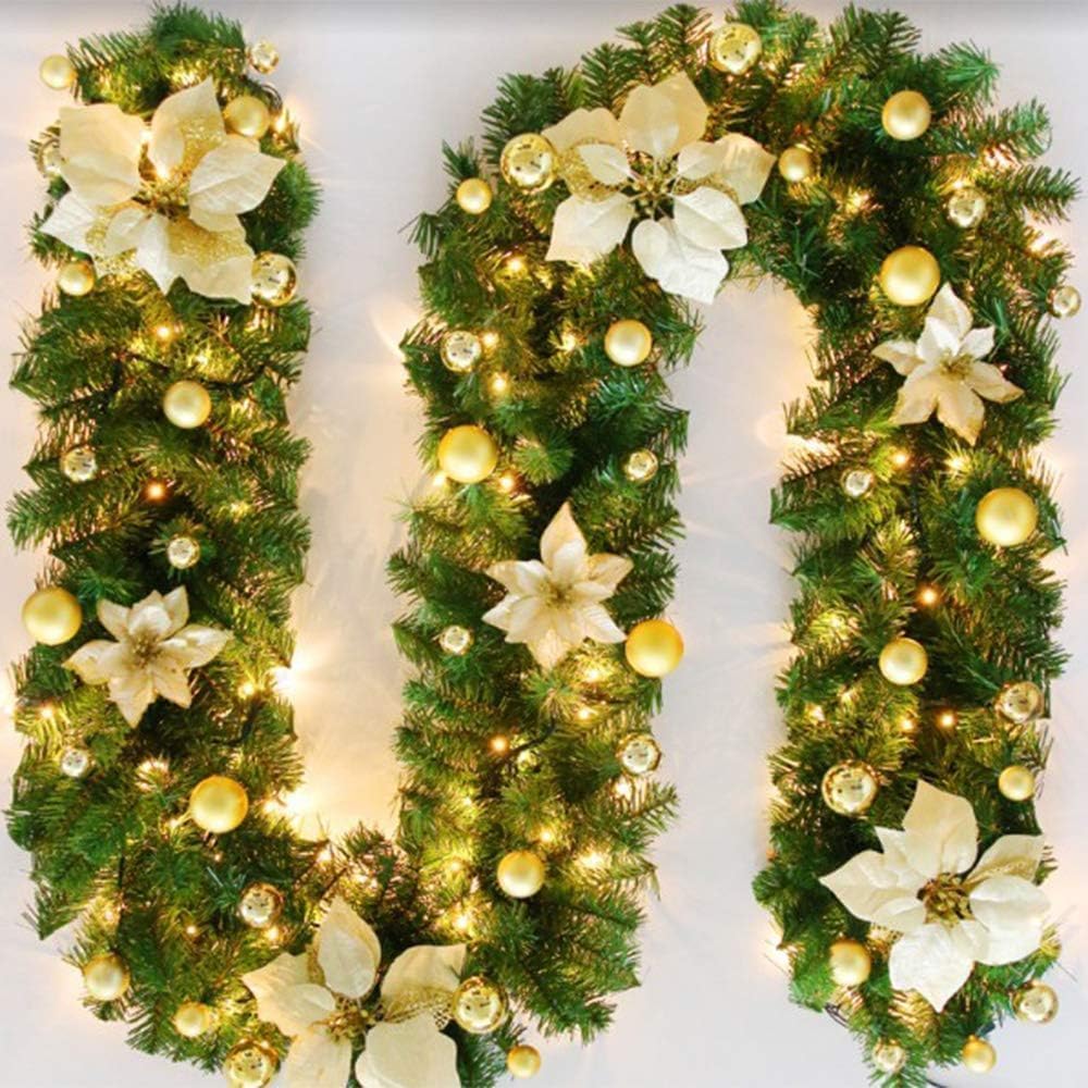 Christmas garland,christmas garland with lights,2.7M/ 9FT Christmas Garland Decorations Illuminated with LED Lights,for Stairs Fireplaces Christmas Festive Wreath Xmas Decor