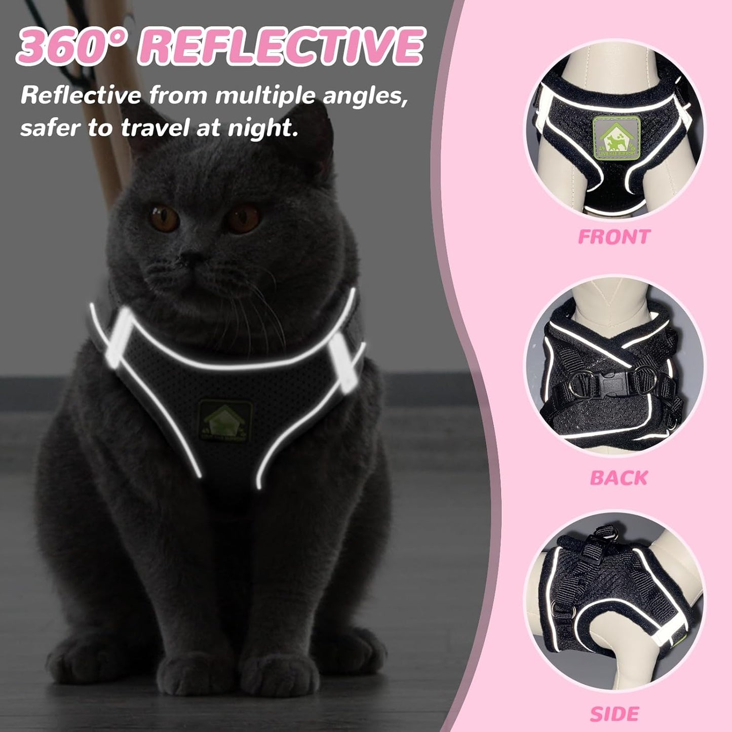 Escape Proof Cat Harness and Lead Set – Adjustable Reflective Soft Mesh Vest for Cats