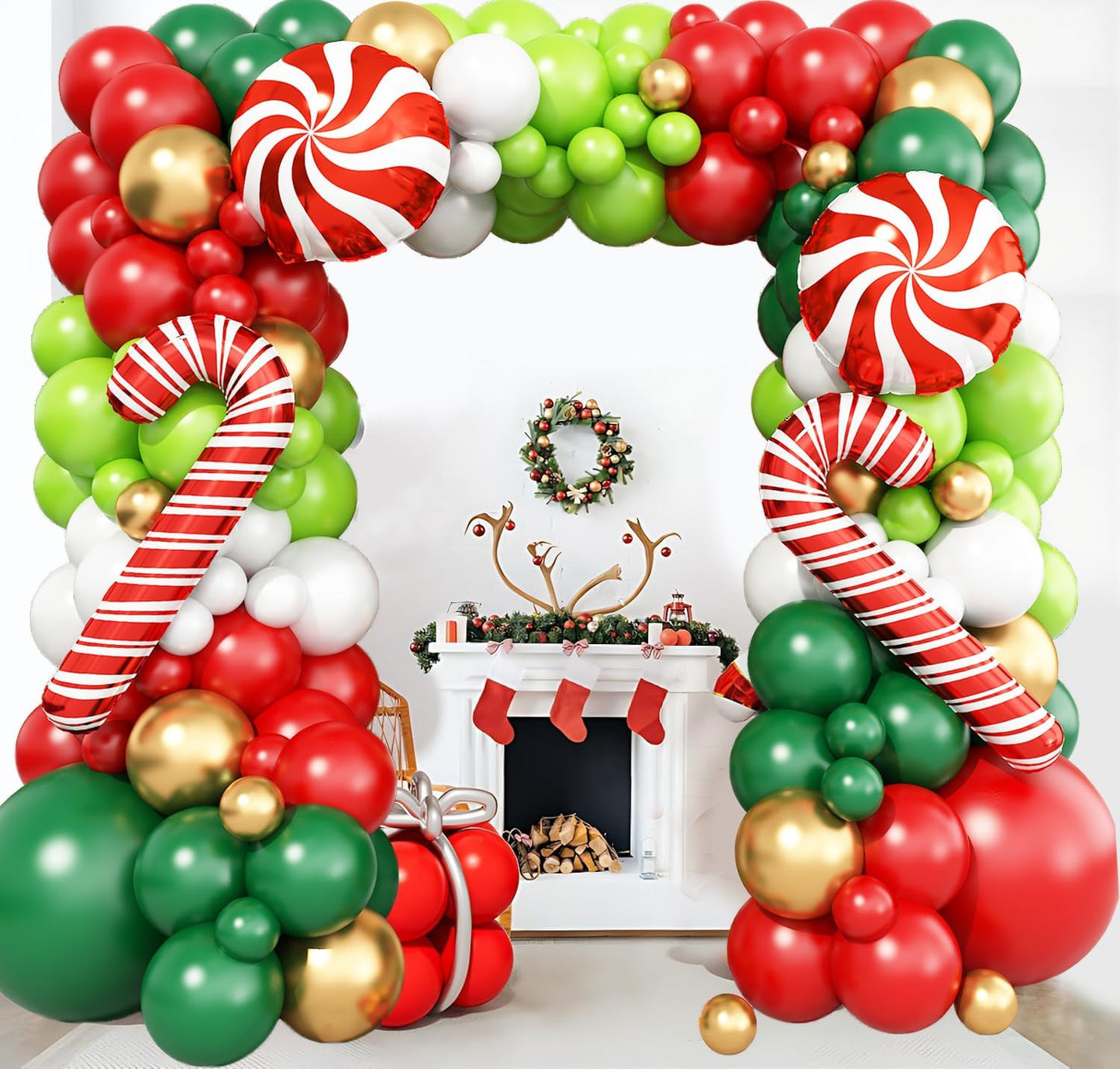 Christmas Balloon Garland Arch Kit, Red Green White Gold Balloons with Large Candy Cane Swirl Foil Balloon for Winter Xmas Party Decorations 164PCS