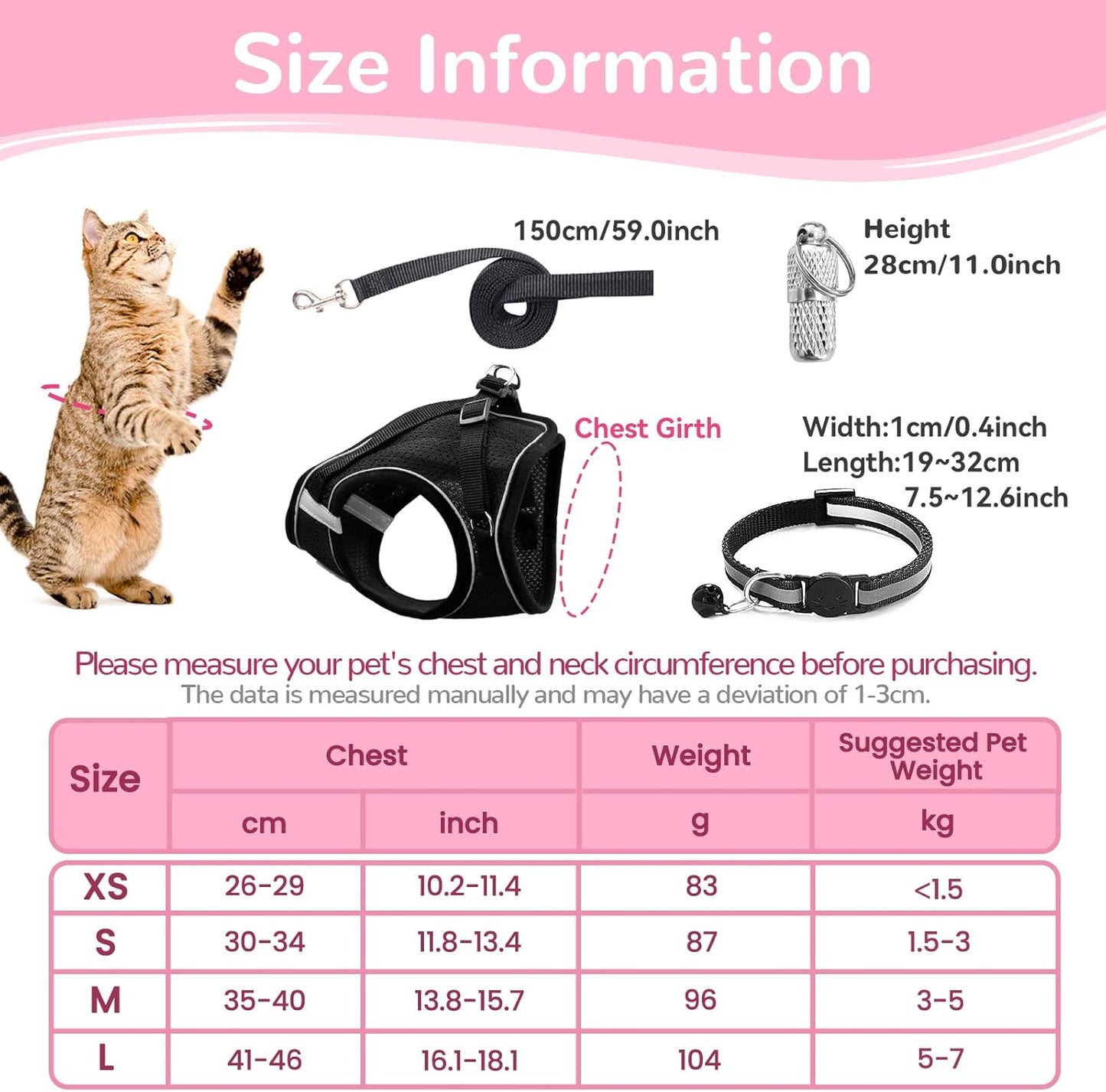 Escape Proof Cat Harness and Lead Set – Adjustable Reflective Soft Mesh Vest for Cats