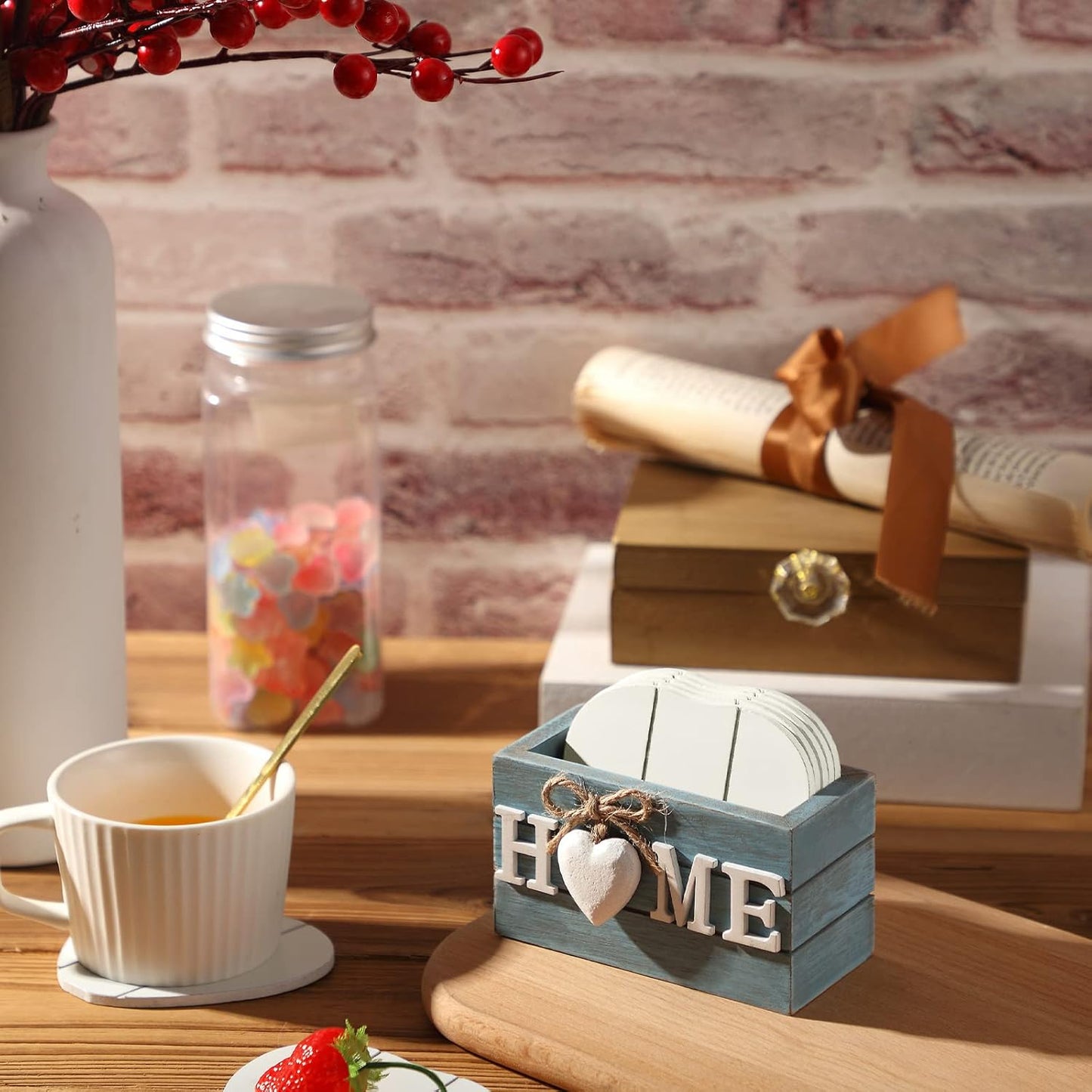 Heartwood Drink Coasters Set of 6, Farmhouse Style with Holder, Funny Designs for Coffee Table Protection, Perfect Housewarming Gifts for New Home Decoration, 4 Inch (Grey,Home)