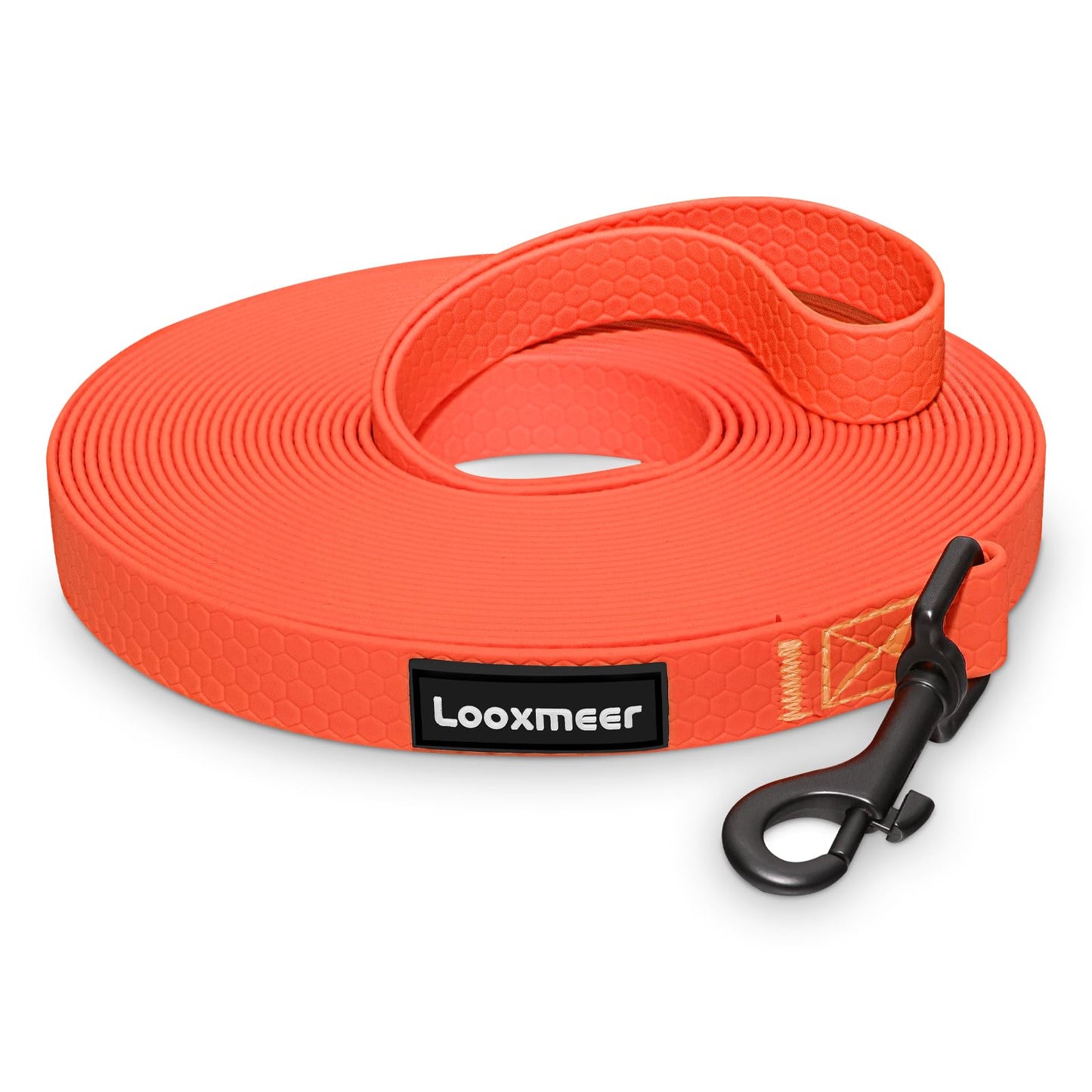 Orange dog leash with black clip and Looxmeer label on a white background