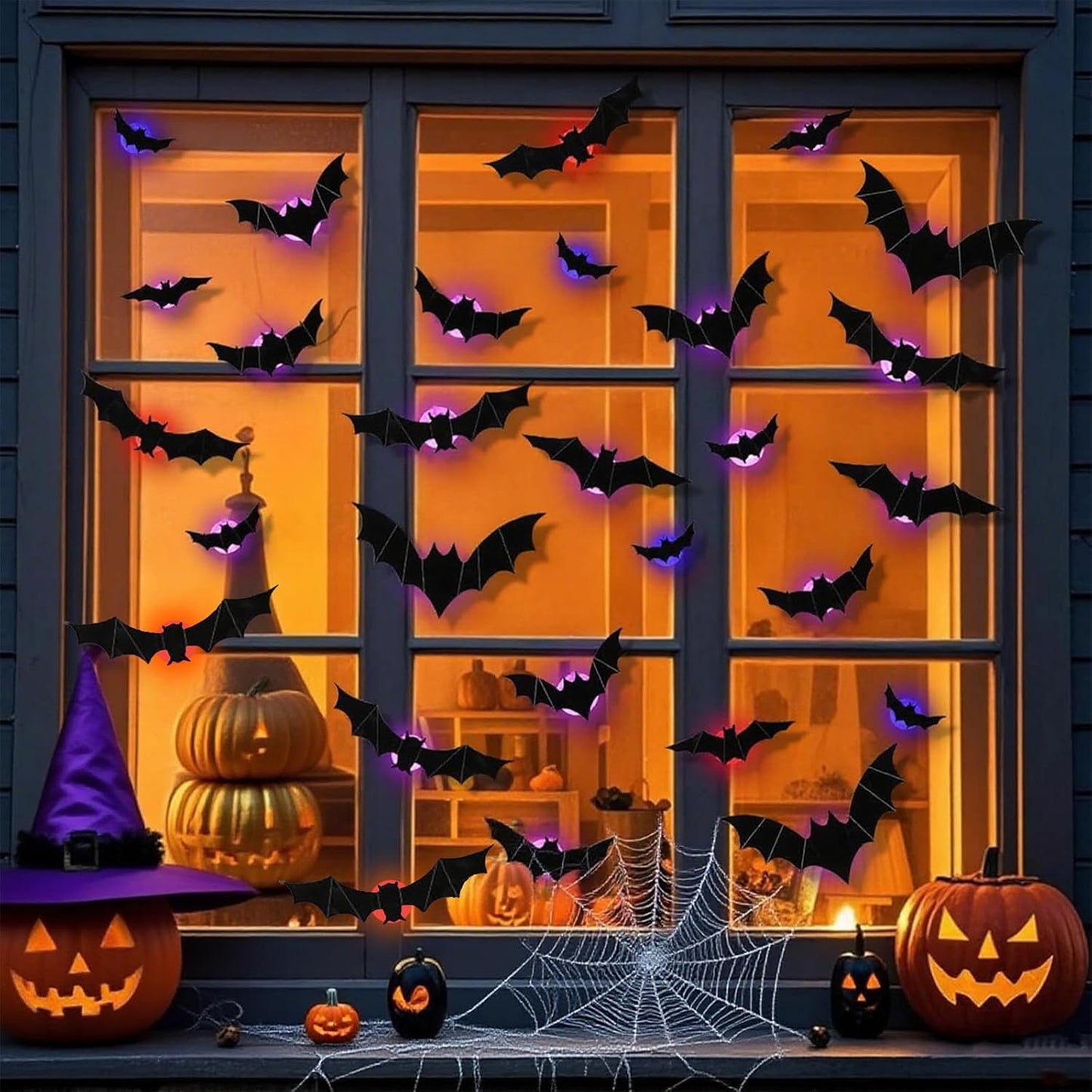 24PCS LED Halloween Bats Decorations, 3D Luminous Wall Stickers Bat Decorations with LED Lights PVC Bats Halloween Wall Decor for Indoor Window Door Wall DIY Party Supplies (Purple)