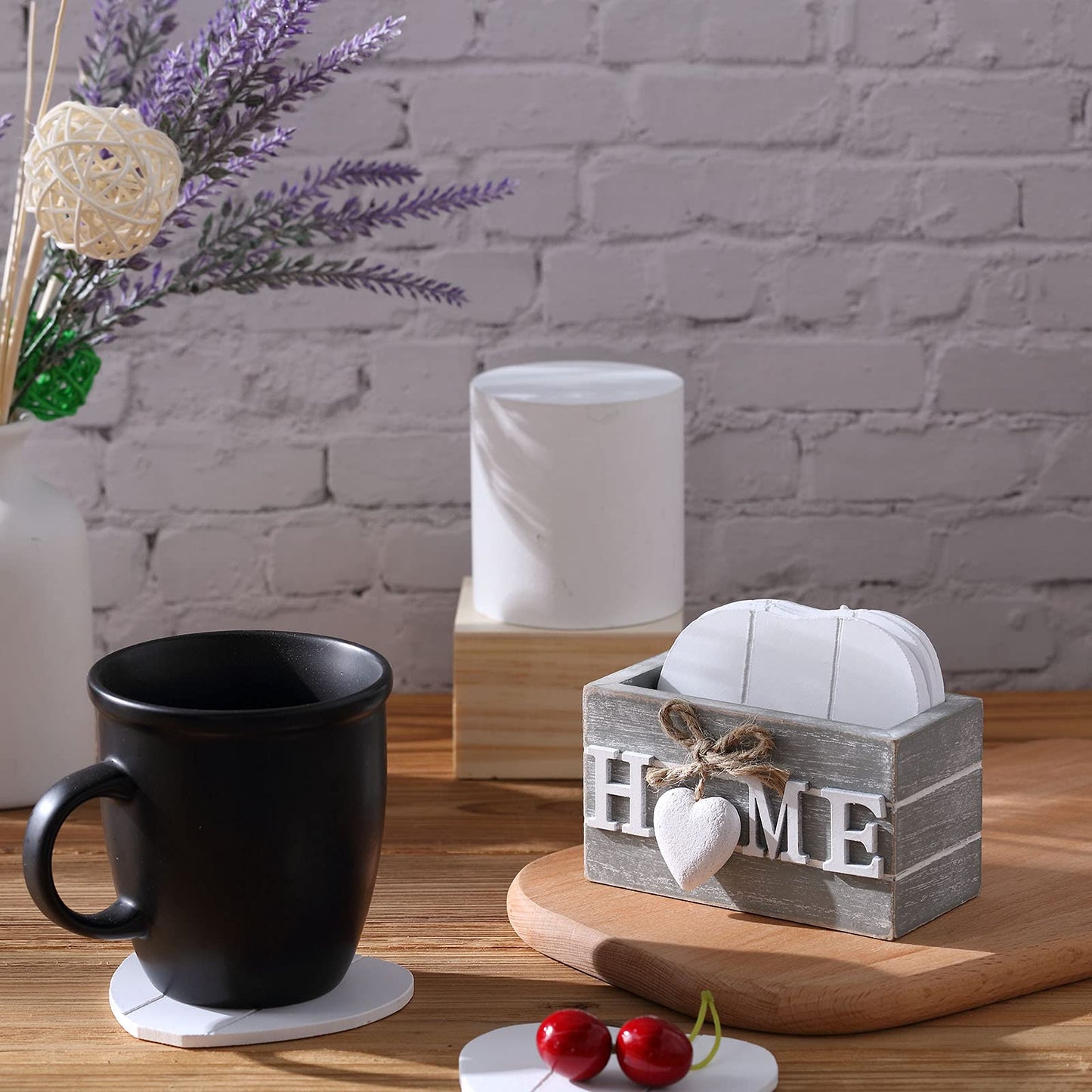 Heartwood Drink Coasters Set of 6, Farmhouse Style with Holder, Funny Designs for Coffee Table Protection, Perfect Housewarming Gifts for New Home Decoration, 4 Inch (Grey,Home)