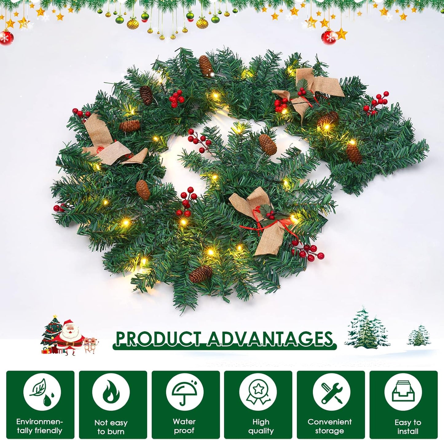 Christmas Garland with Lights, Christmas Garlands for Fireplace Stairs Artificial Wreath with 50 LED Lights and Bow Pine Cones Berries for Xmas Tree Front Door Home Holiday Decor