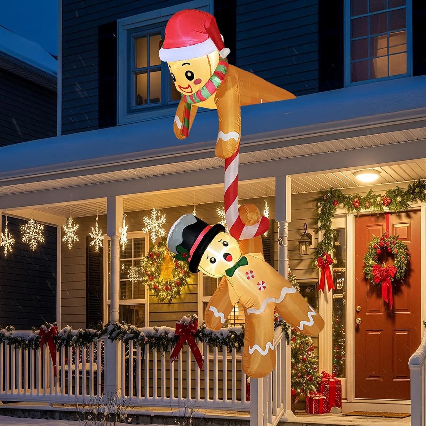 7 FT Christmas Inflatables Outdoor Decorations, Hanging Gingerbread Man Inflatable Christmas Decorations Hold Candy Cane, Blow Up Xmas Decorations for Roof Eaves Tree Decor