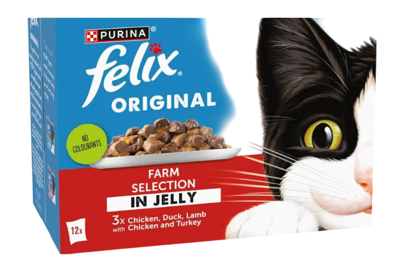 Box of Purina Felix Original cat food with a cat's face on the packaging.