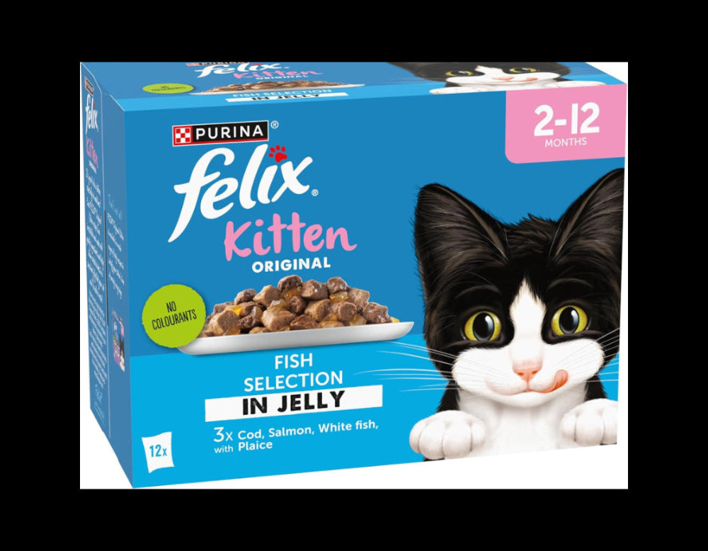 Box of Purina Felix Kitten Original Fish Selection in Jelly cat food with a black and white kitten illustration.