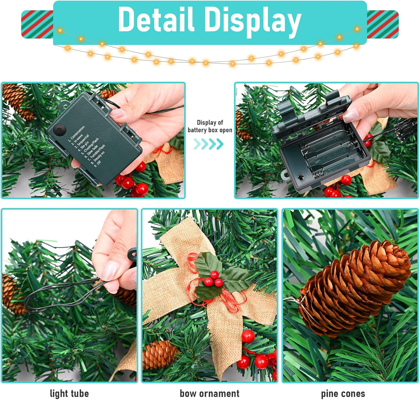 Christmas Garland with Lights, Christmas Garlands for Fireplace Stairs Artificial Wreath with 50 LED Lights and Bow Pine Cones Berries for Xmas Tree Front Door Home Holiday Decor