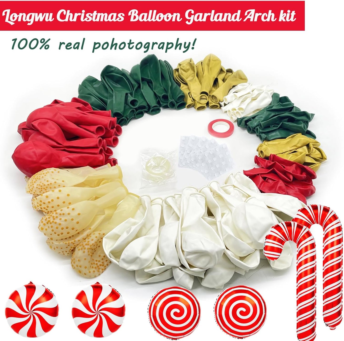 Christmas Balloon Garland Arch Kit, Red Green White Gold Balloons with Large Candy Cane Swirl Foil Balloon for Winter Xmas Party Decorations 164PCS