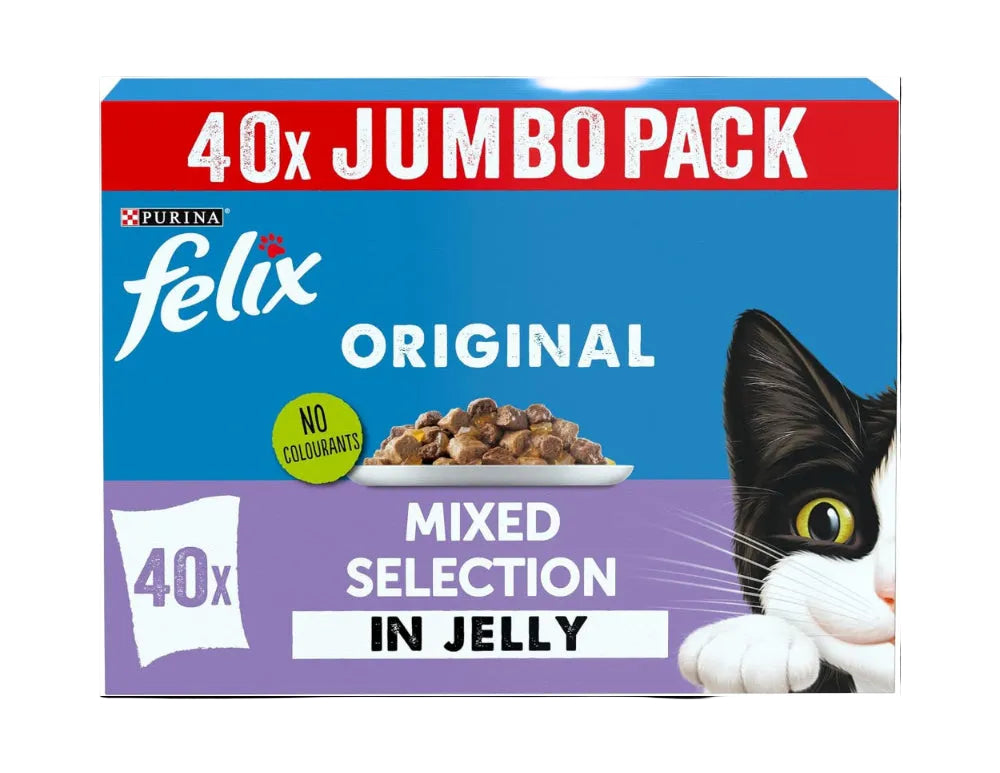 Felix cat food packaging with a black and white cat illustration on a blue and red background