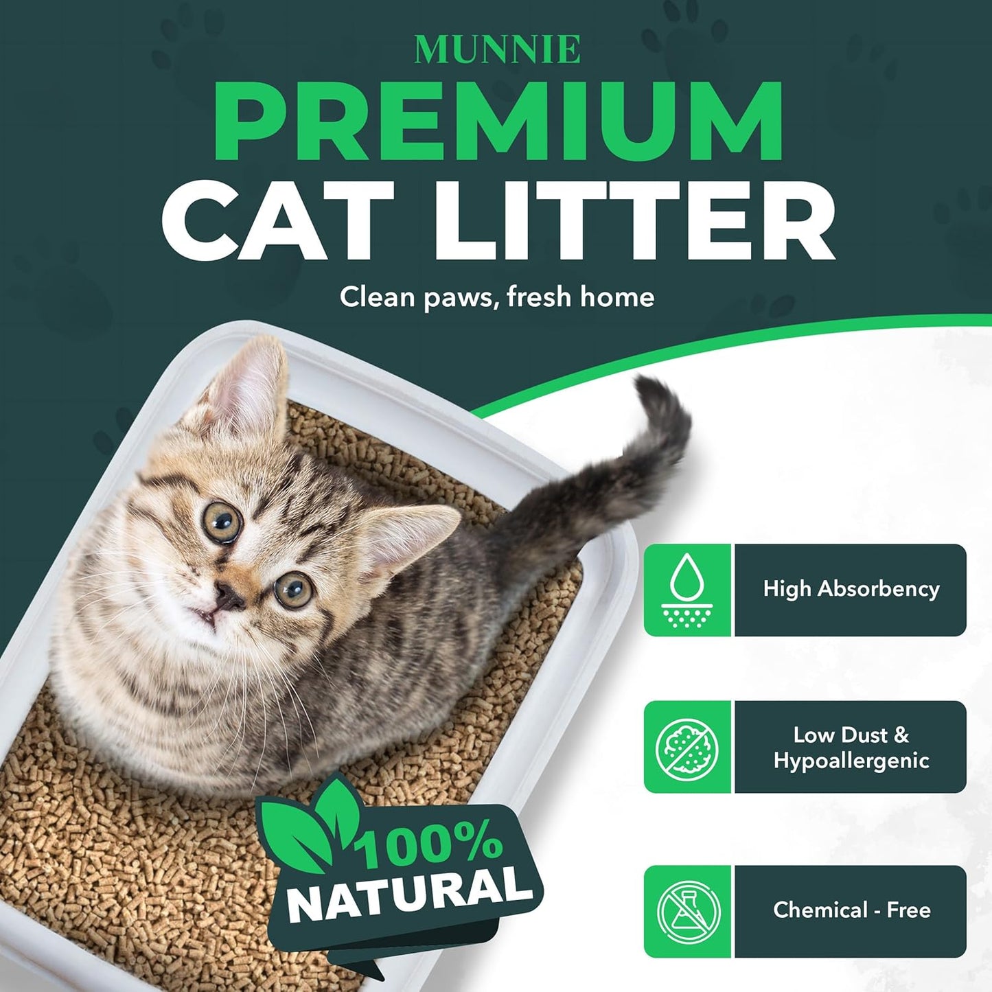 Munnie Natural Wood Pellet Cat Litter – Biodegradable, Dust-Free, Unscented, Safe for Kittens & Cats