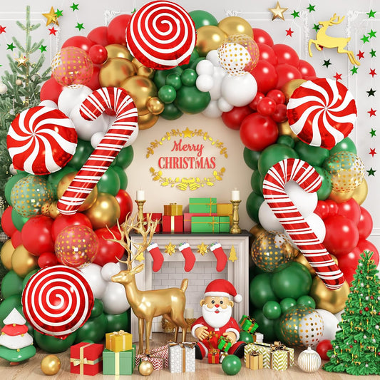Christmas Balloon Garland Arch Kit, Red Green White Gold Balloons with Large Candy Cane Swirl Foil Balloon for Winter Xmas Party Decorations 164PCS