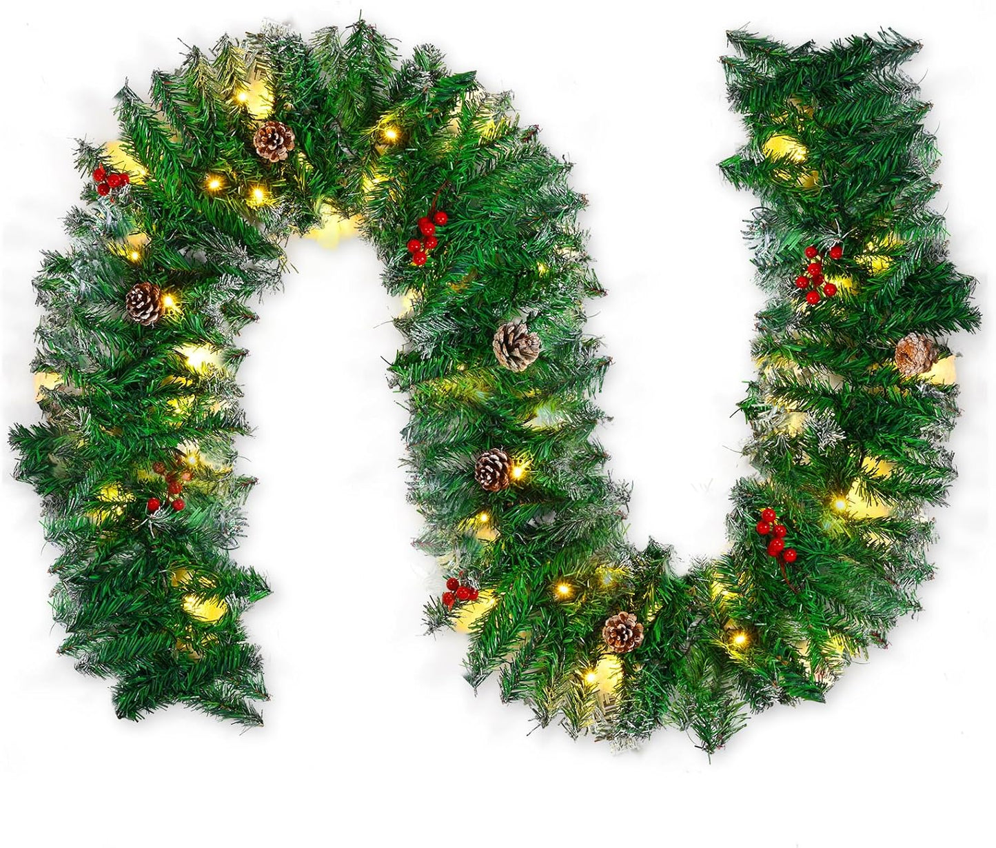 Christmas Garland with Lights, Christmas Garlands for Fireplace Stairs Artificial Wreath with 50 LED Lights and Bow Pine Cones Berries for Xmas Tree Front Door Home Holiday Decor