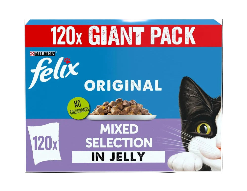 Purina Felix cat food package with a black and white cat illustration on a blue and red background.