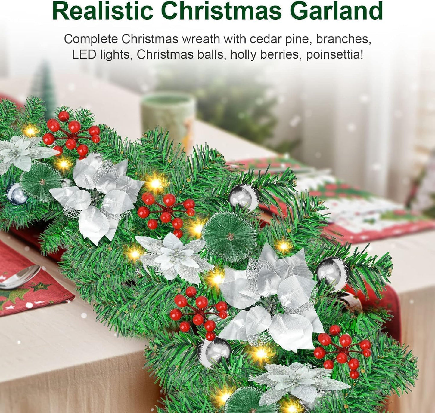 Christmas garland,christmas garland with lights,2.7M/ 9FT Christmas Garland Decorations Illuminated with LED Lights,for Stairs Fireplaces Christmas Festive Wreath Xmas Decor