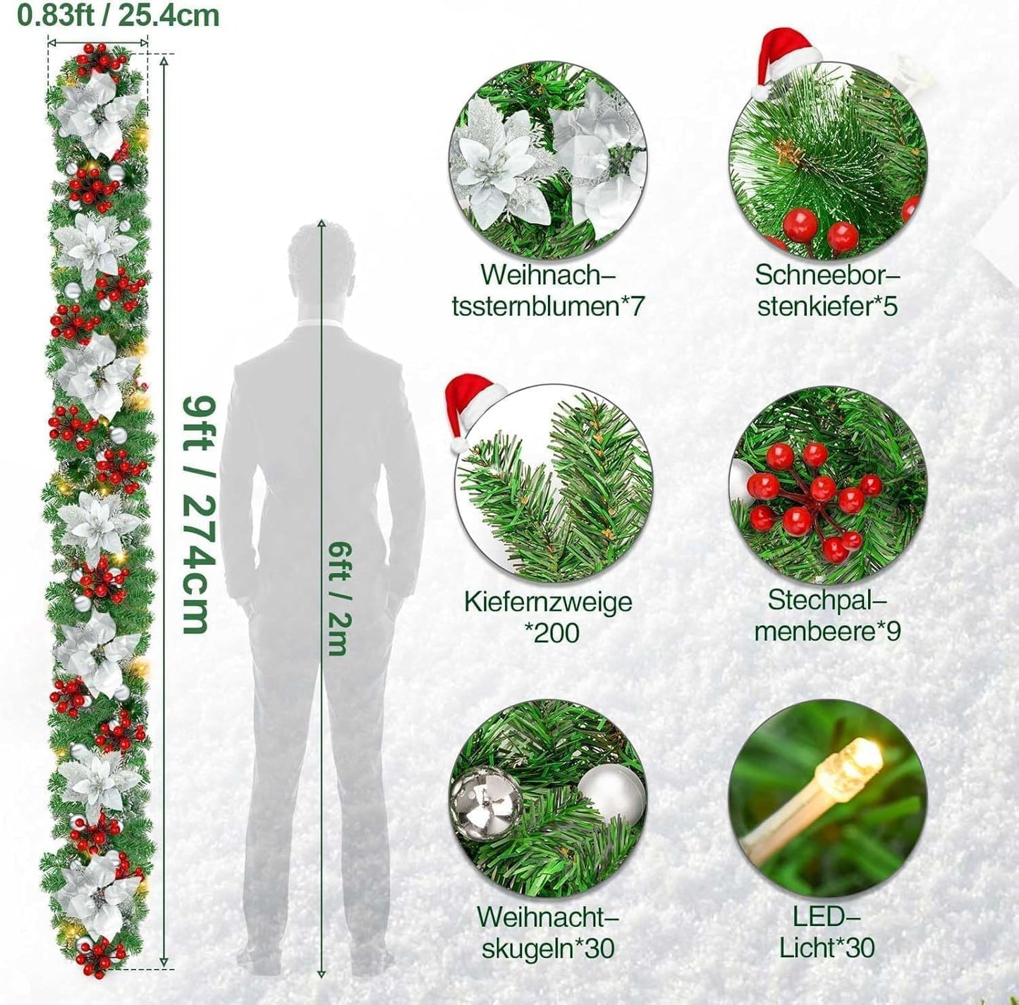 Christmas garland,christmas garland with lights,2.7M/ 9FT Christmas Garland Decorations Illuminated with LED Lights,for Stairs Fireplaces Christmas Festive Wreath Xmas Decor