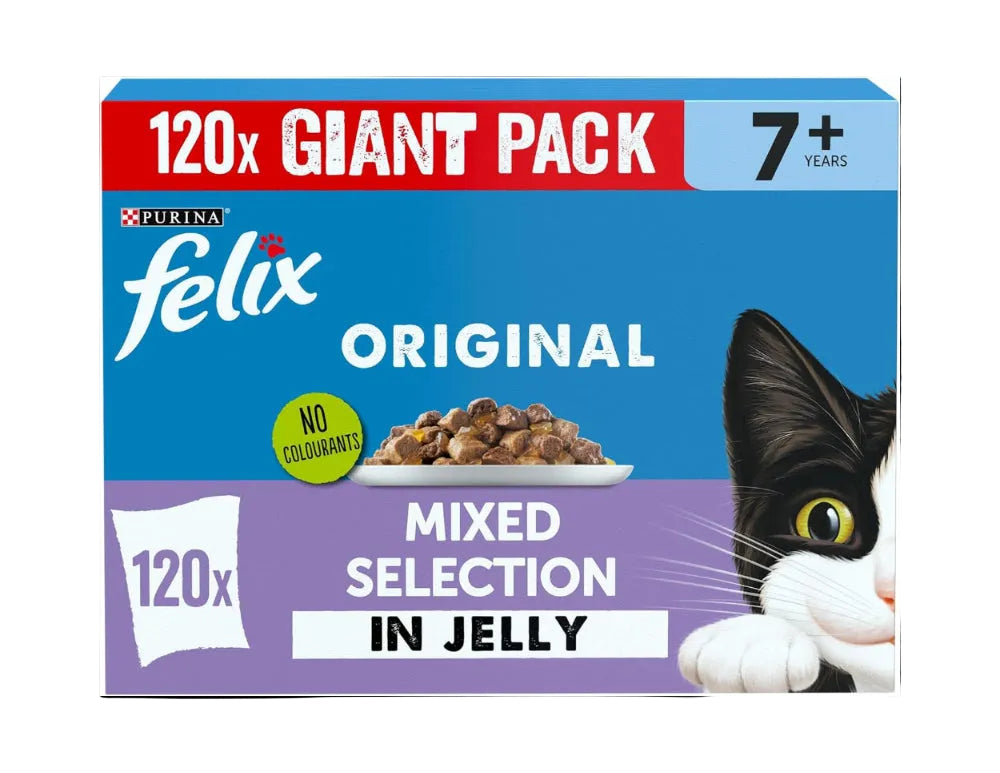 Box of Purina Felix Original cat food with a black and white cat illustration on a blue and purple background.