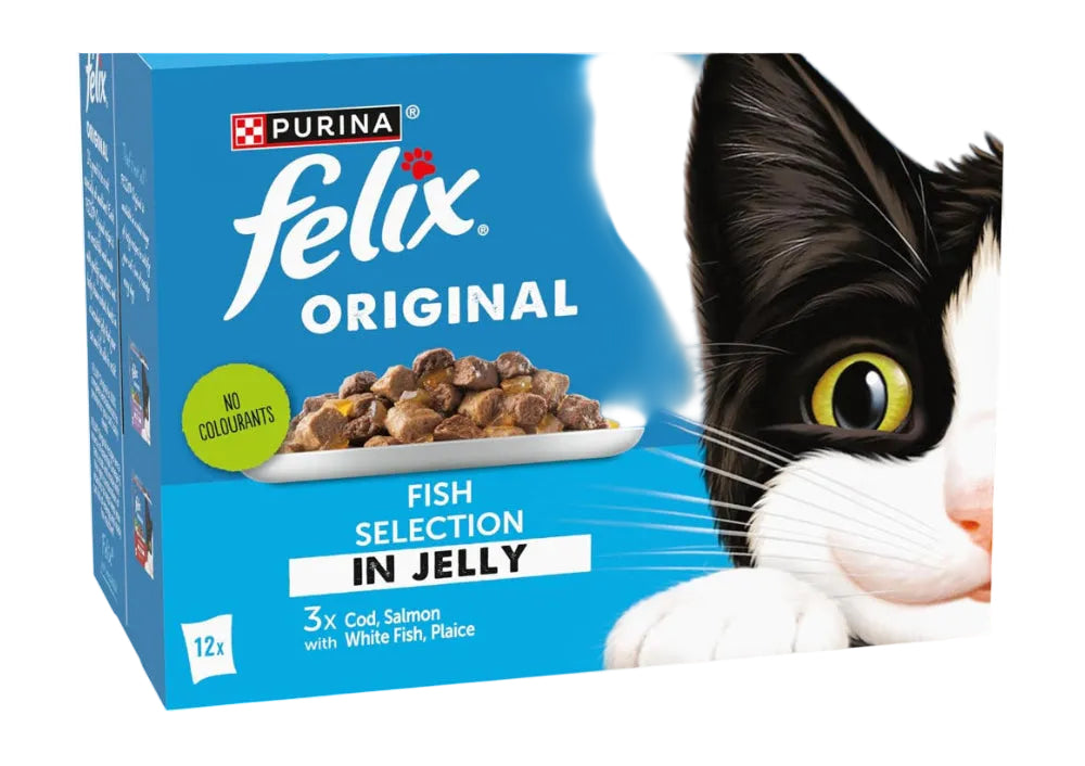 Box of Purina Felix Original cat food with a black and white cat illustration on a blue background