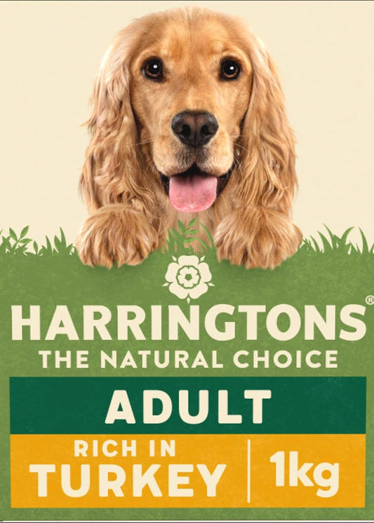 Harringtons dog food packaging with a dog's face on the top and text about the product on the bottom.