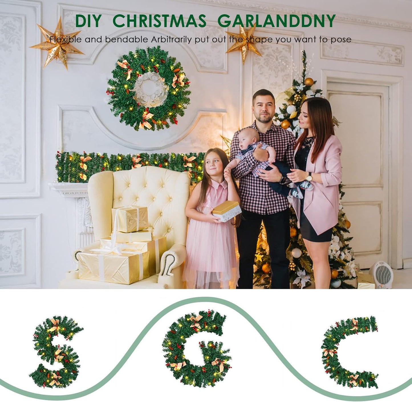 Christmas Garland with Lights, Christmas Garlands for Fireplace Stairs Artificial Wreath with 50 LED Lights and Bow Pine Cones Berries for Xmas Tree Front Door Home Holiday Decor