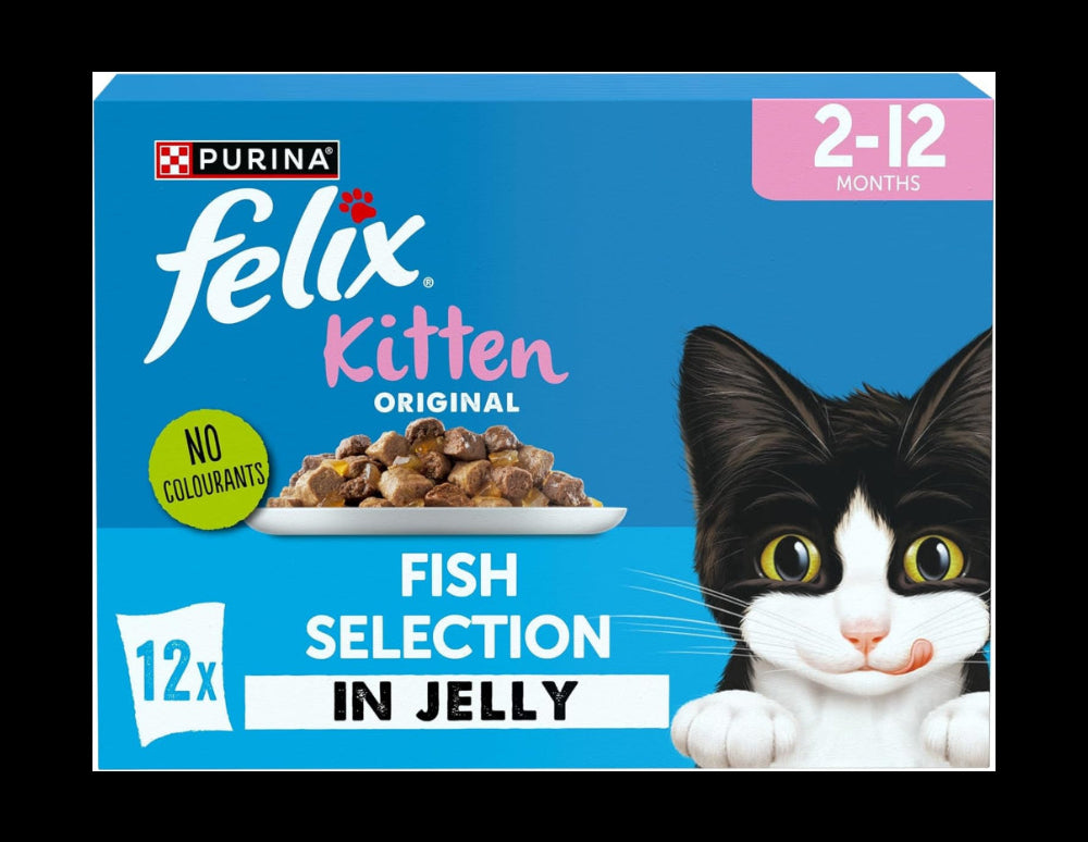 Felix Kitten Original Fish Selection in Jelly cat food packaging with a black and white kitten illustration.