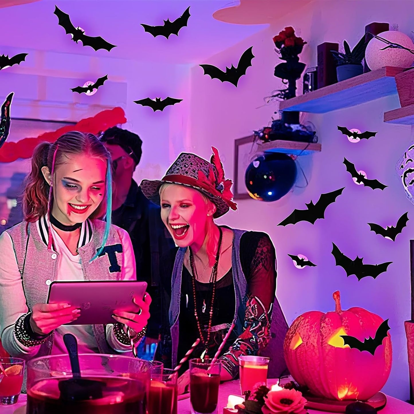 24PCS LED Halloween Bats Decorations, 3D Luminous Wall Stickers Bat Decorations with LED Lights PVC Bats Halloween Wall Decor for Indoor Window Door Wall DIY Party Supplies (Purple)